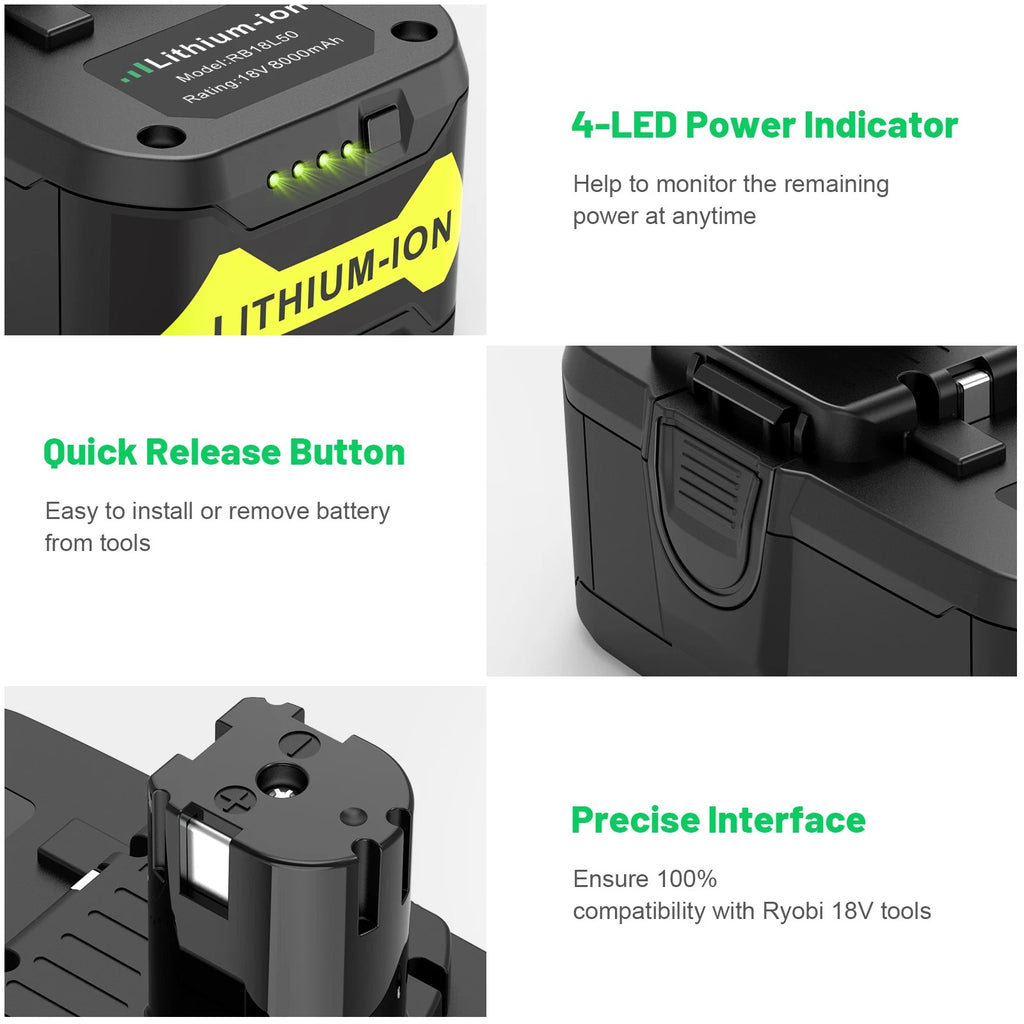 8.0Ah 18Volt Battery For RYOBI P108 18V For One+ Plus High Capacity P107 RB18L50