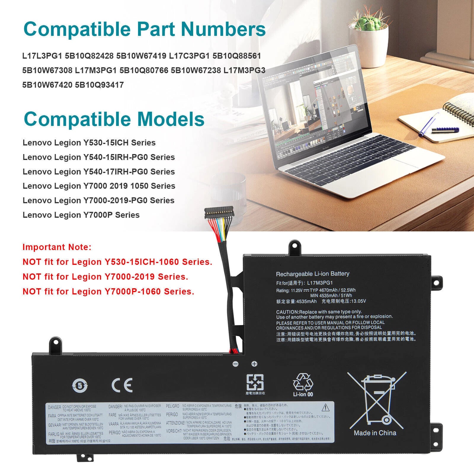?New L17C3PG1 L17C3PG1 Battery For Lenovo Legion Y545-PG0 Y530-15ICH Y530 Y7000P