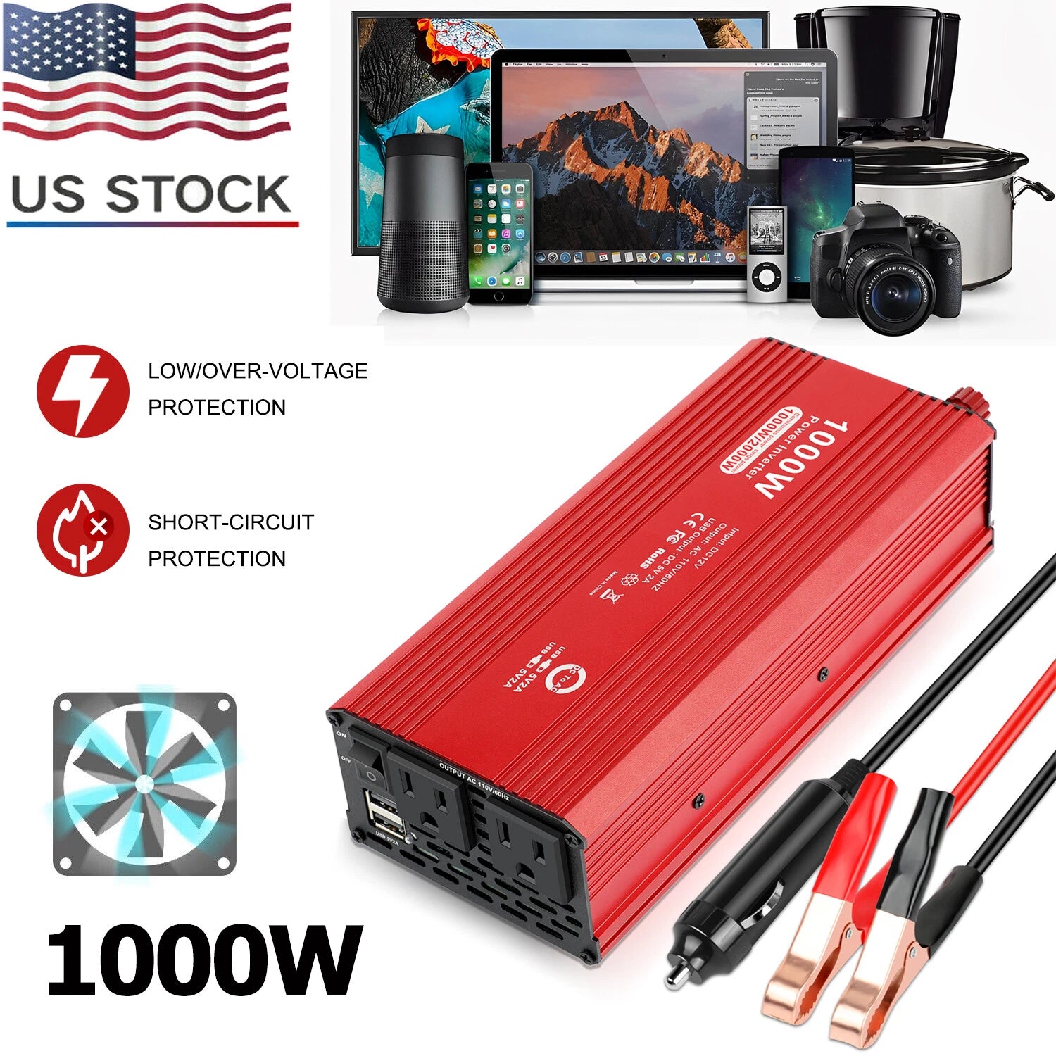 1000W 2000W Car Power Inverter DC 12V To AC 110V 2AC Outlets USB Power Converter