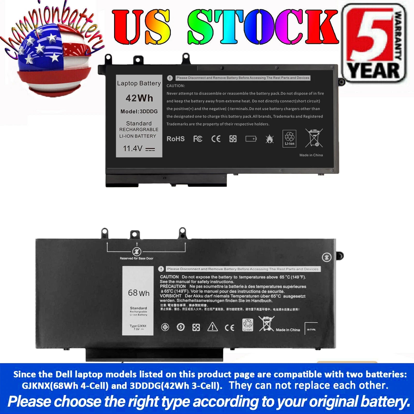 GJKNX 3DDDG Battery for Dell Latitude 15 3520 3530 E5280 E5480 E5580 42Wh/68Wh