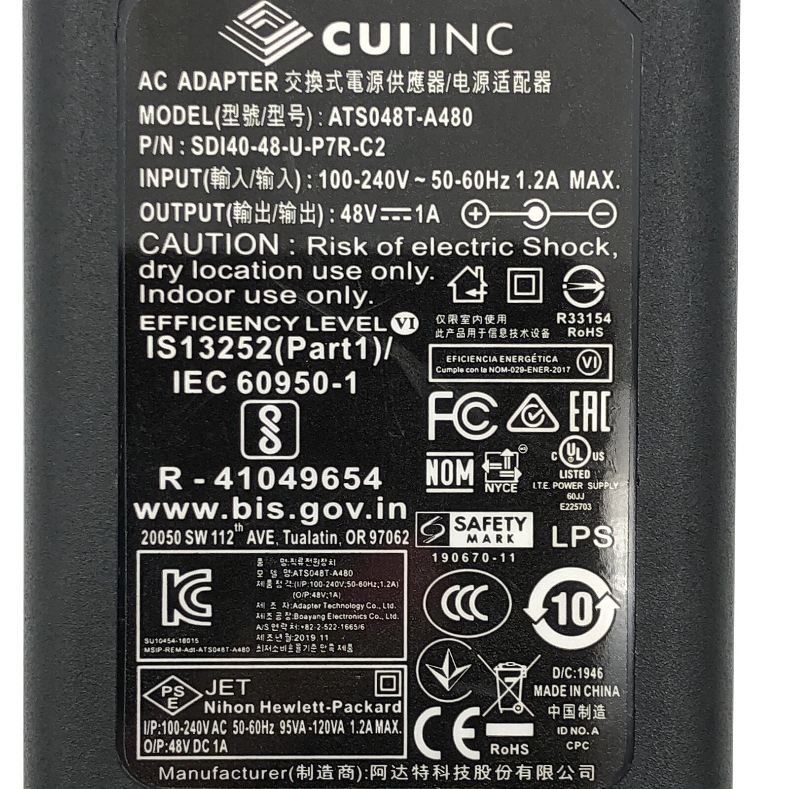 NEW Genuine 48W CUI Inc AC Adapter 48V 1A ATS048T-A480 Charger SDI40-48-U-P7R-C2