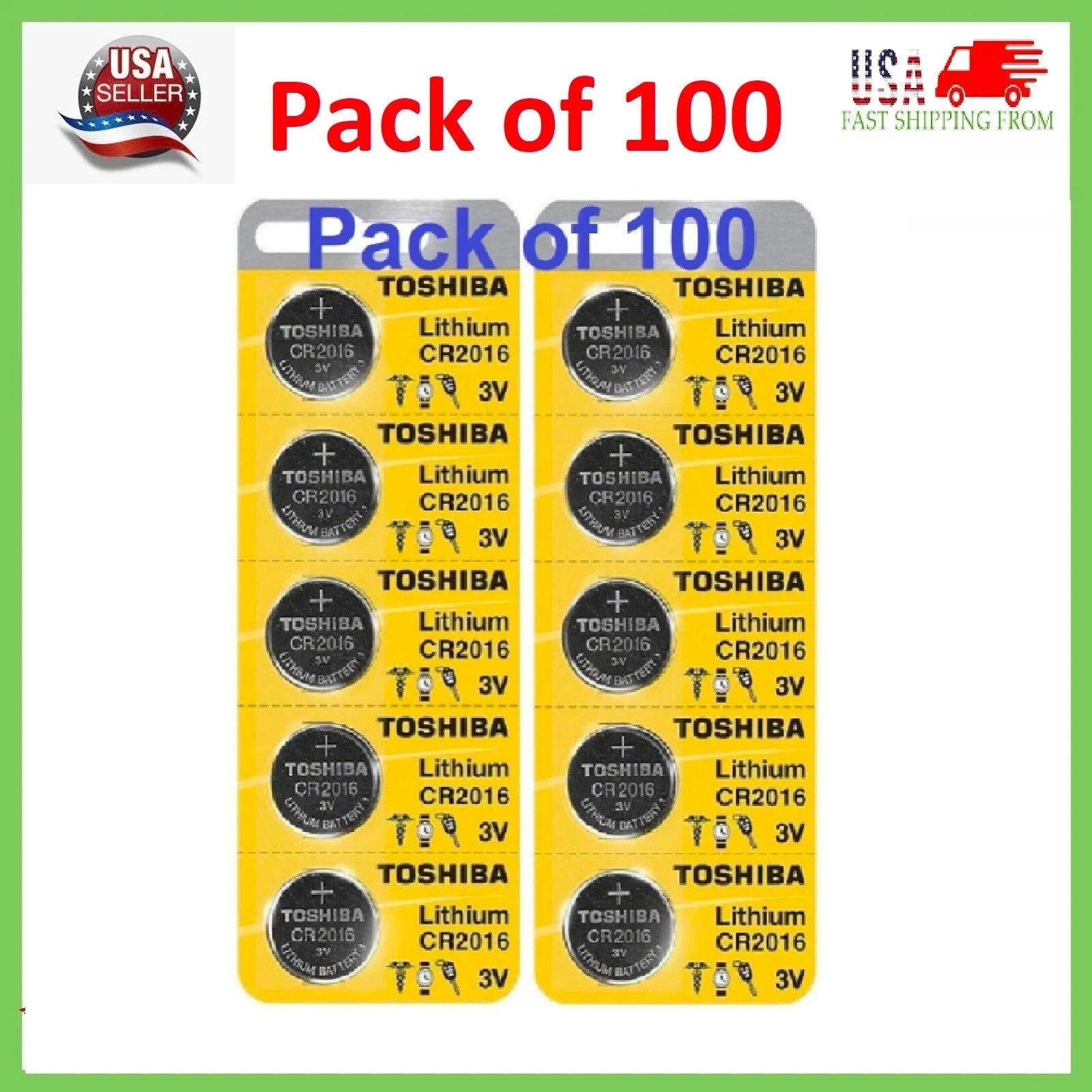 100 x New Original Toshiba CR2016 CR 2016 3V LITHIUM COIN BATTERY BR2016 DL2016