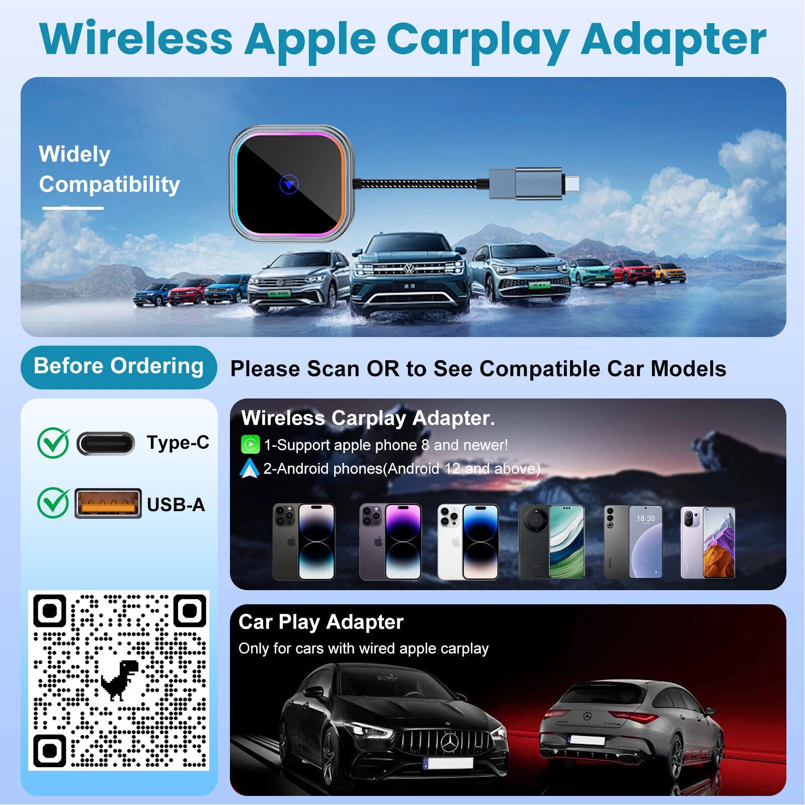5.0 Wireless Adapter 2 in 1 For Apple CarPlay Android Auto Multimedia Video Play