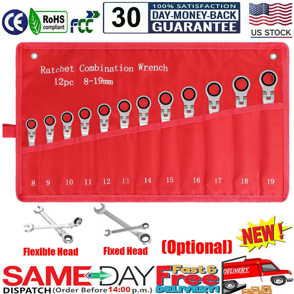 8/12pc 8-19mm Ratcheting Wrench Metric Flex/Fixed Head Combination Spanner Tool