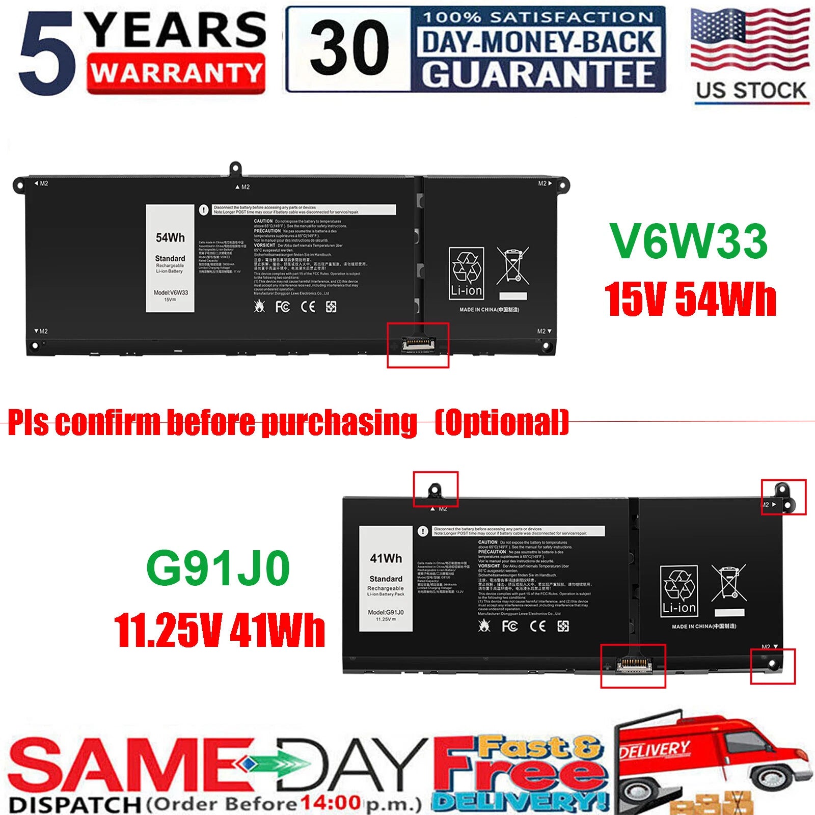 G91J0 V6W33 Battery for Dell Latitude 3320 3420 3520 Vostro 15 3520 3525 5510