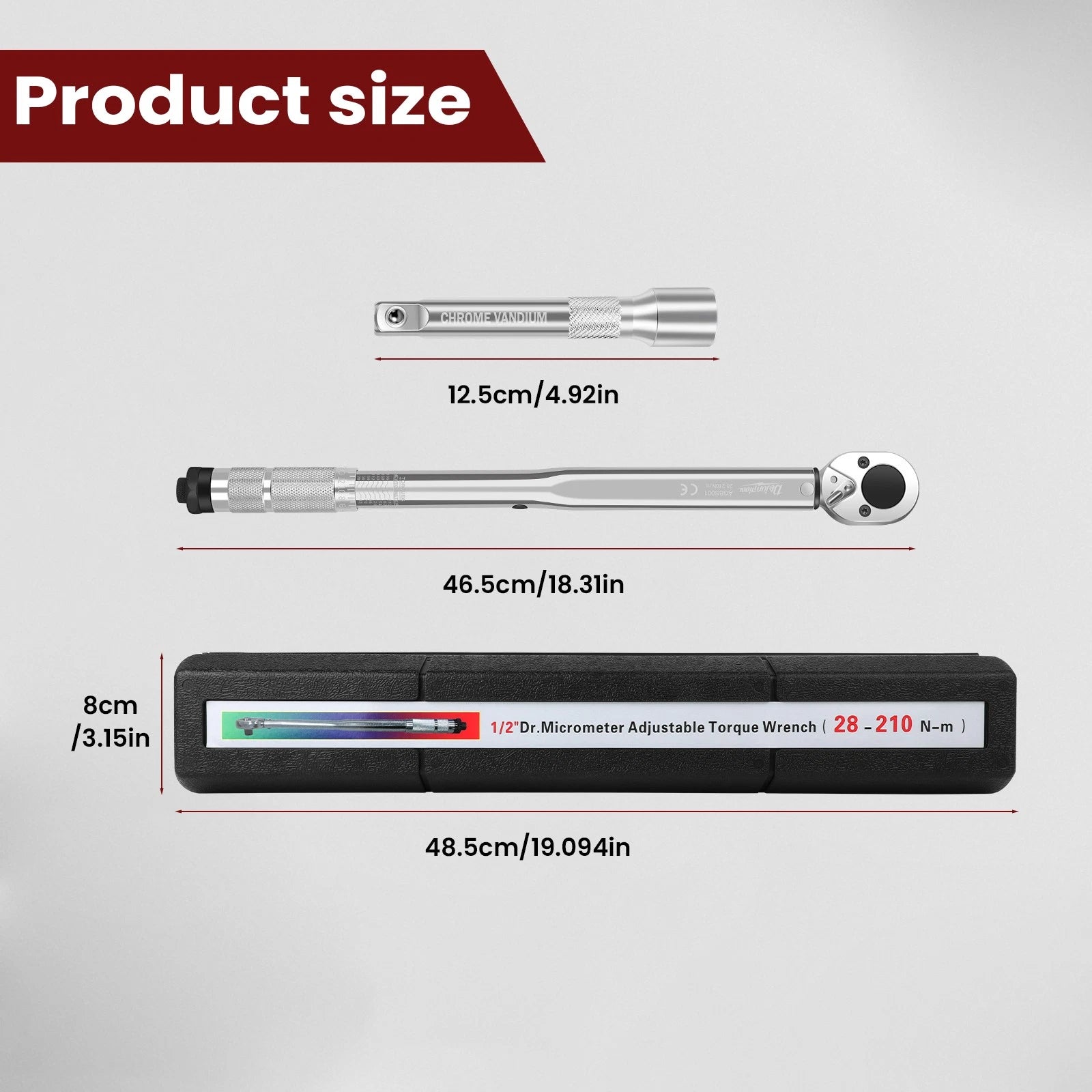 ?1/2'' Drive Torque Wrench Set 28-210 Nm Click Torque Wrench Adjustable NEW