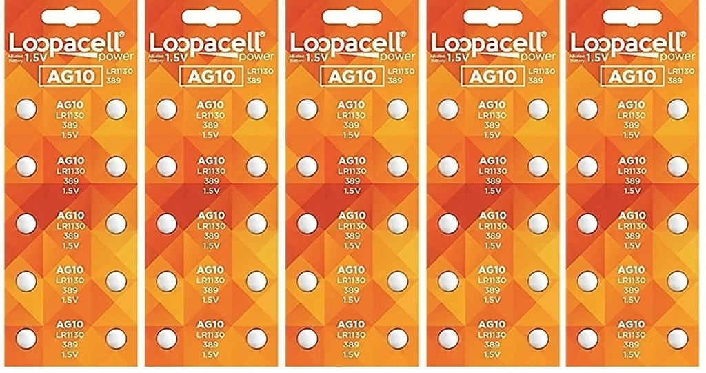 50 AG10 LR1130 LR1131 389A 389 Loopacel 1.5 Volt Alkaline Button Cell Batteries