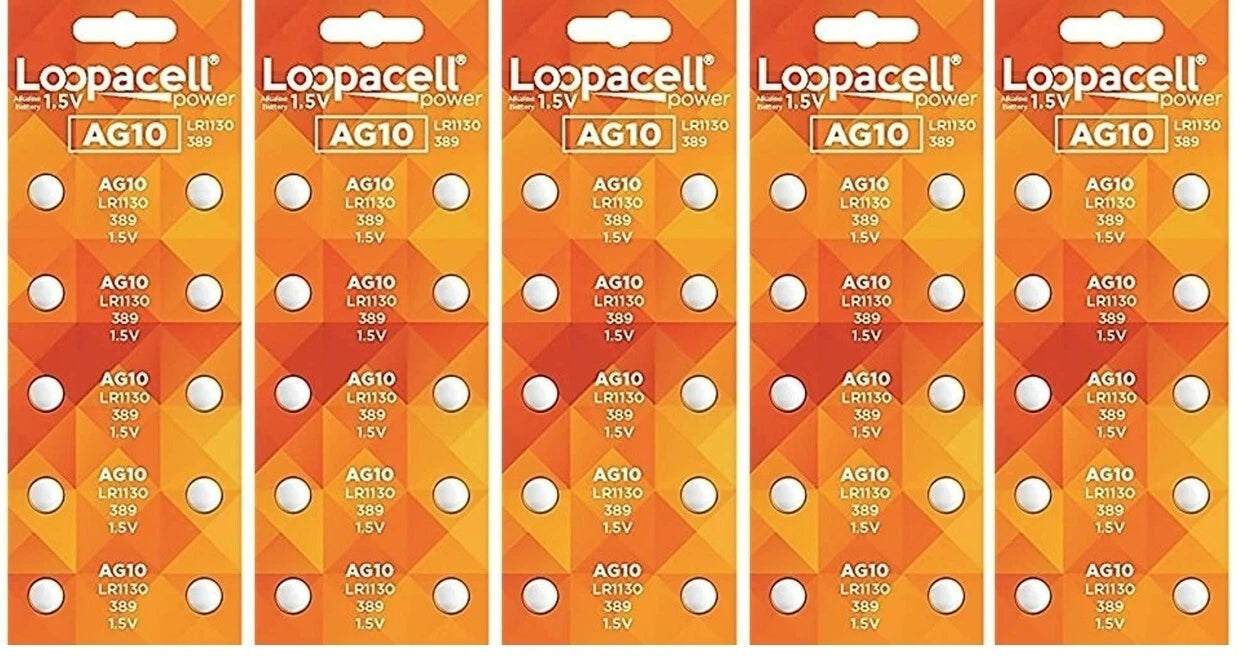 50 AG10 LR1130 LR1131 389A 389 Loopacel 1.5 Volt Alkaline Button Cell Batteries