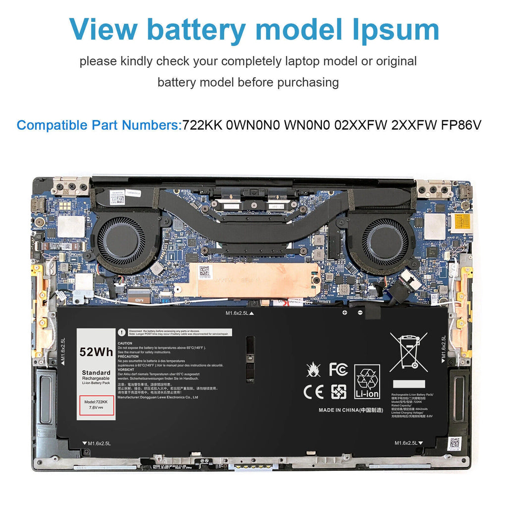 722KK Battery For Dell XPS 13 9310 9300 9380 (2020) 13.4" Series P117G P117G002