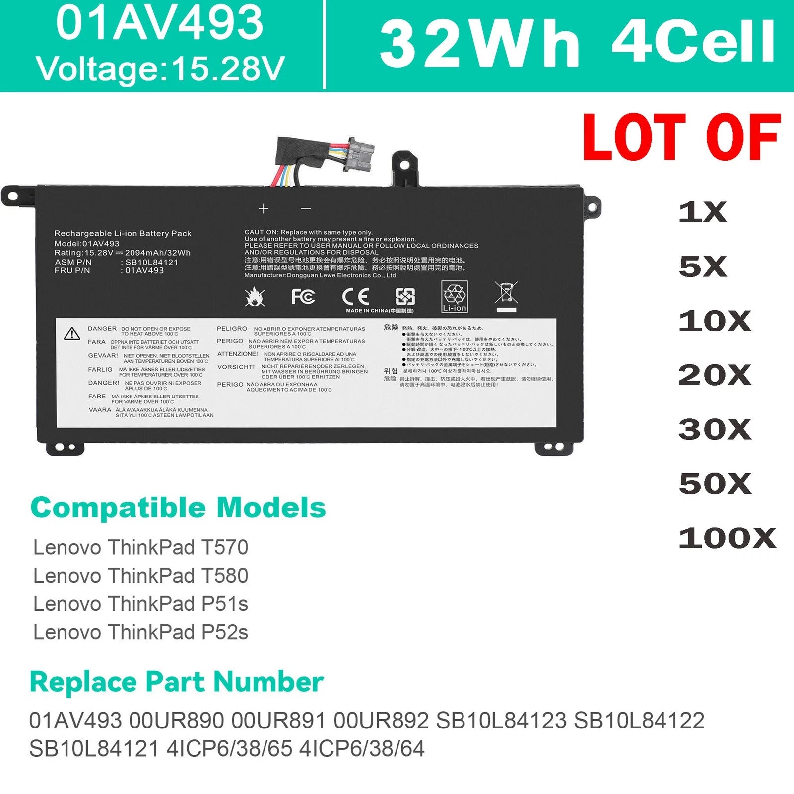 LOT 01AV493 Battery For Lenovo ThinkPad T570 T580 P51S P52S 00UR890 00UR891 32WH
