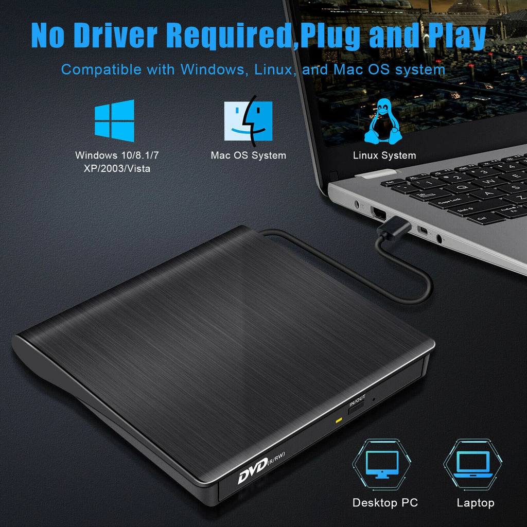 USB 3.0 Portable CD/DVD + RW Drive Player External for Laptop ROM Windows Apple