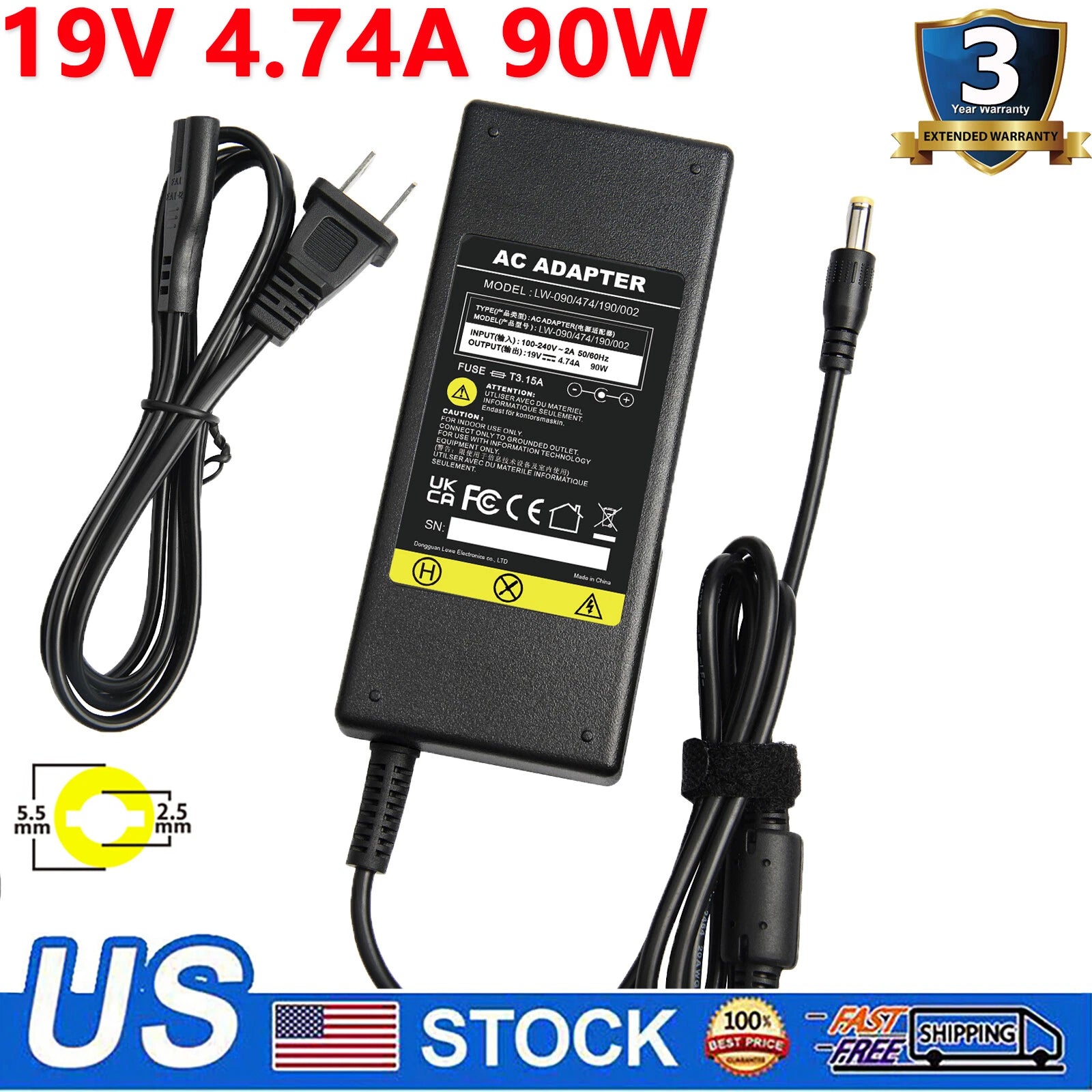19V 4.74A 90W AC Adapter Charger Power Supply Cord For Acer Aspire 5920G 5750G