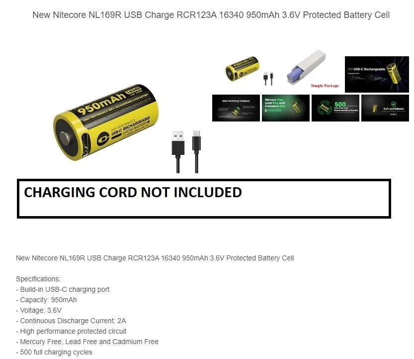 Nitecore NL169R 950mAh Rechargeable RCR123 / 16340 Battery w/USB-C Charging Port