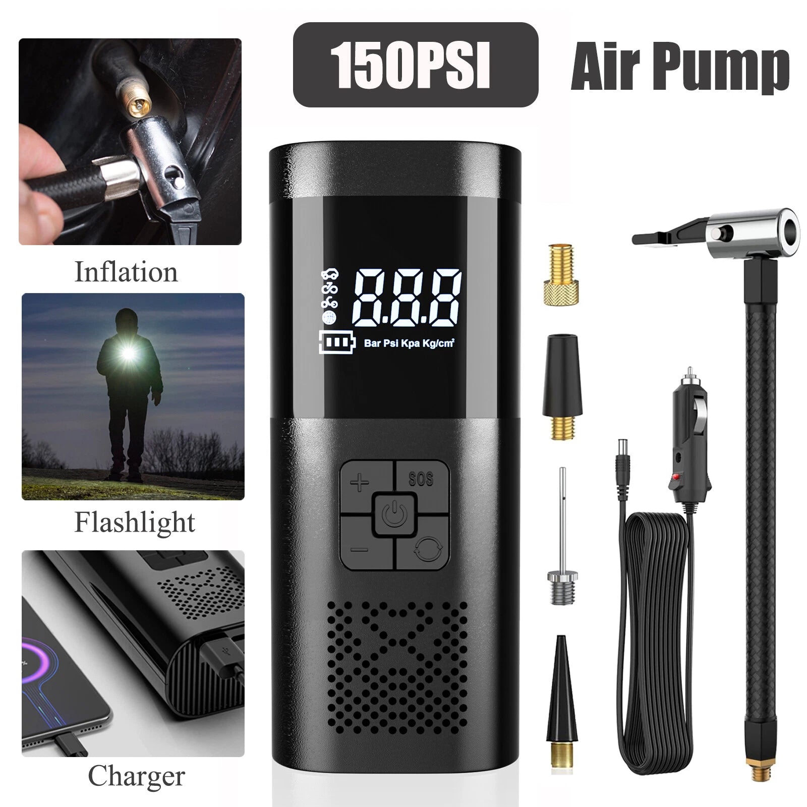 150PSI Air Pump Cordless Air Electric Tire Inflator Car Auto Bike Rechargeable