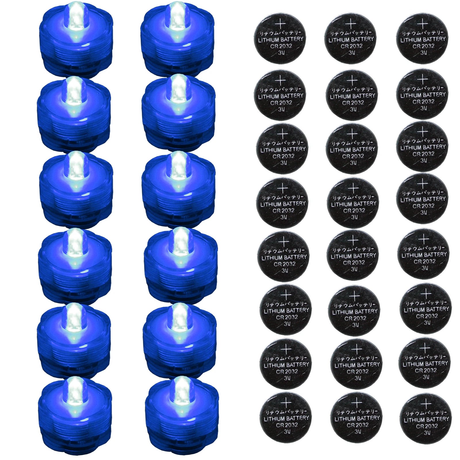 (12) BLUE Submersible Tea Lights & (25) CR2032 Replacement Battery BUNDLE Pack