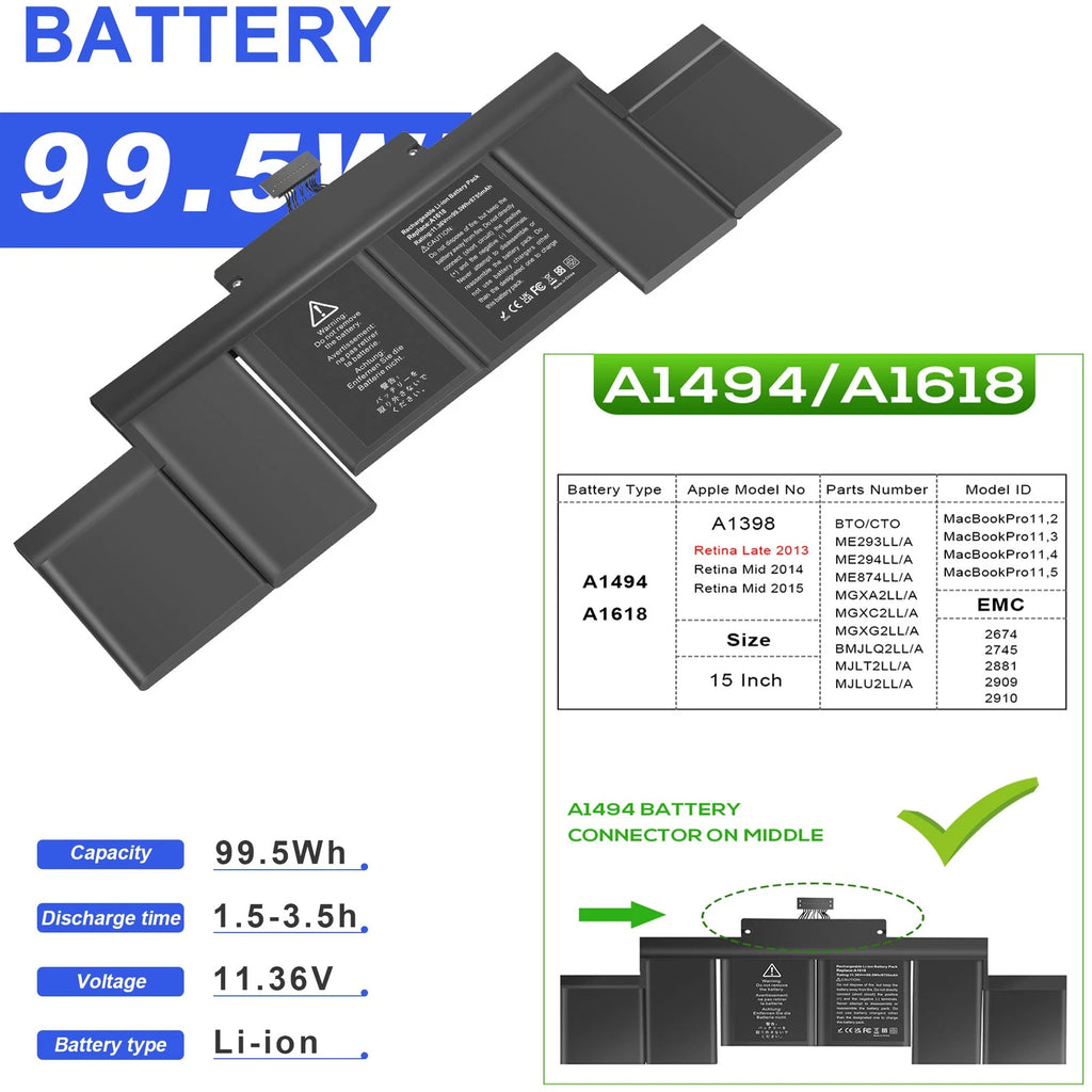 A1618 Battery for Apple MacBook Pro 15" Retina A1398 Late 2013 A1494 NEW