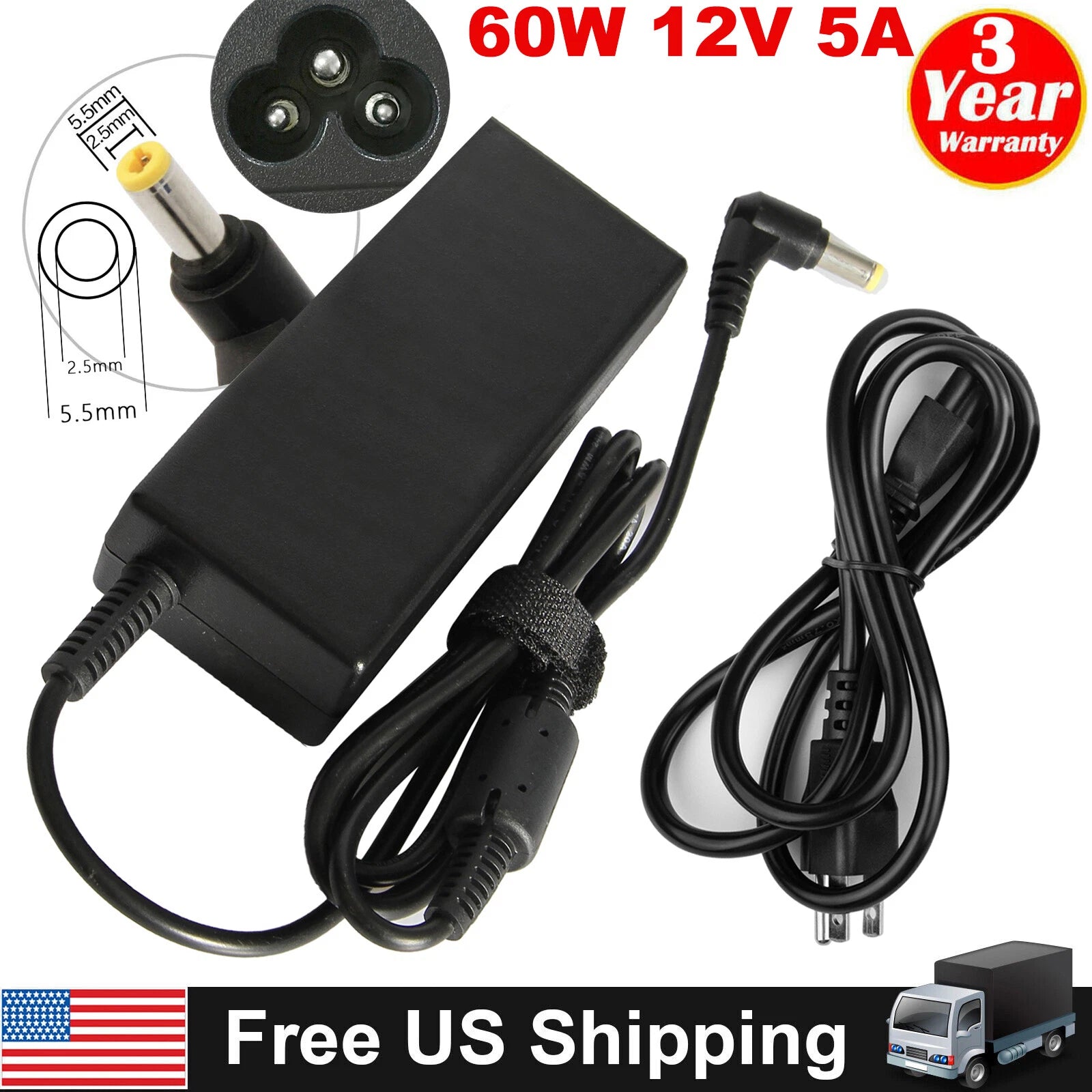 12V 5A 5 amp 60W DC POWER Supply ADAPTER Transformer LED Strip Light, CCTV, PC