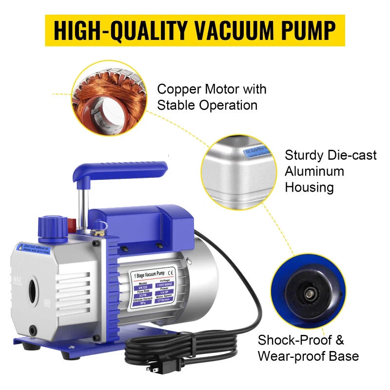 PWR Vacuum Pump 3CFM 1/4HP Air Vacuum Pump HVAC AC Air R134A Manifold Gauge Set