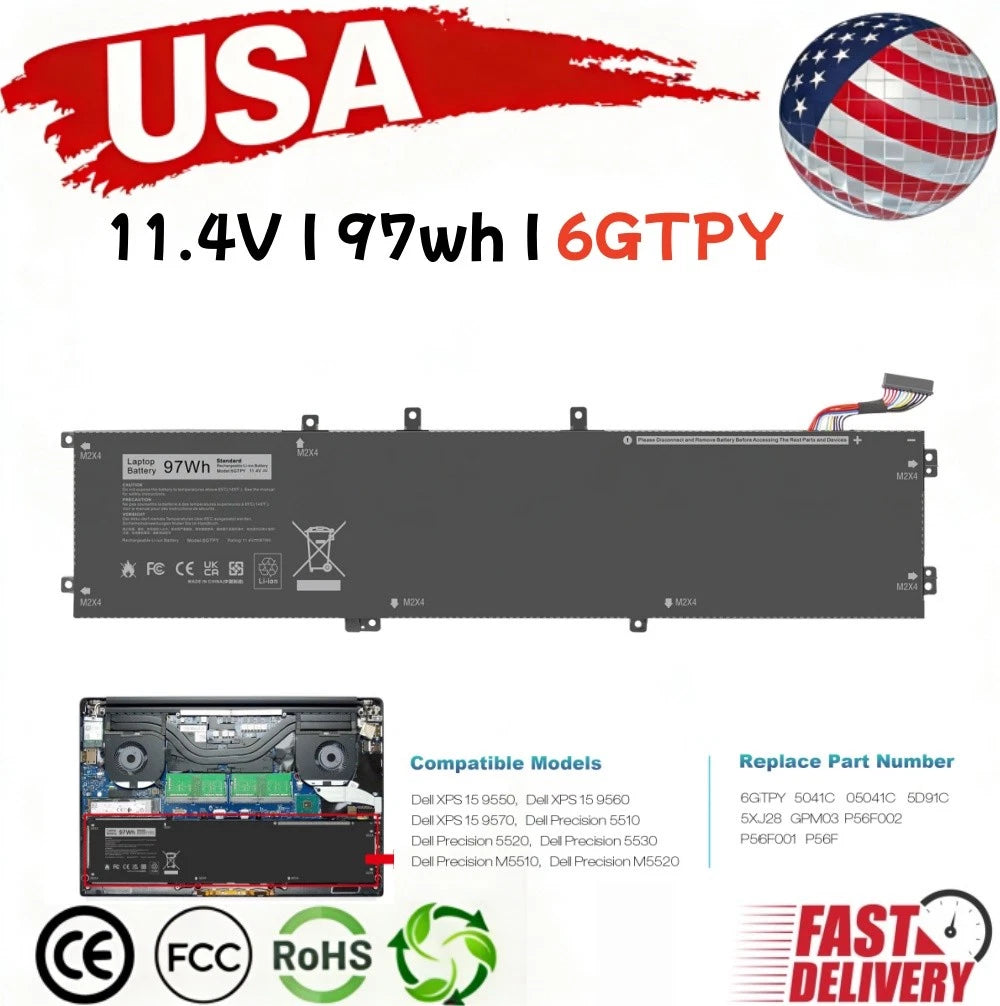 ?Type 6GTPY Replacement Battery for Dell XPS 15 9550 9560 9570 7590 97Wh