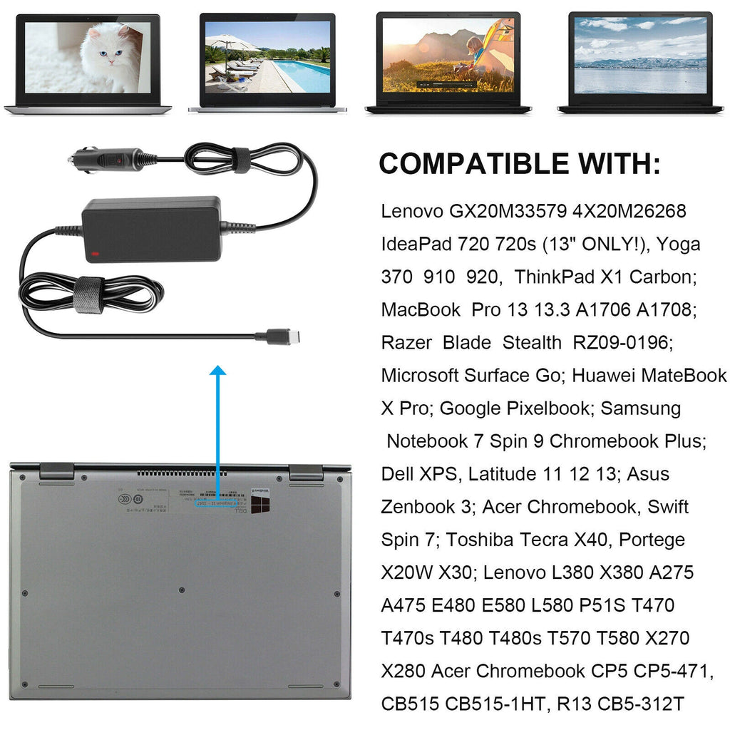 90W In-Car Cigarette USB-C Type C Laptop Adapter Charger for Dell XPS 9360 9370