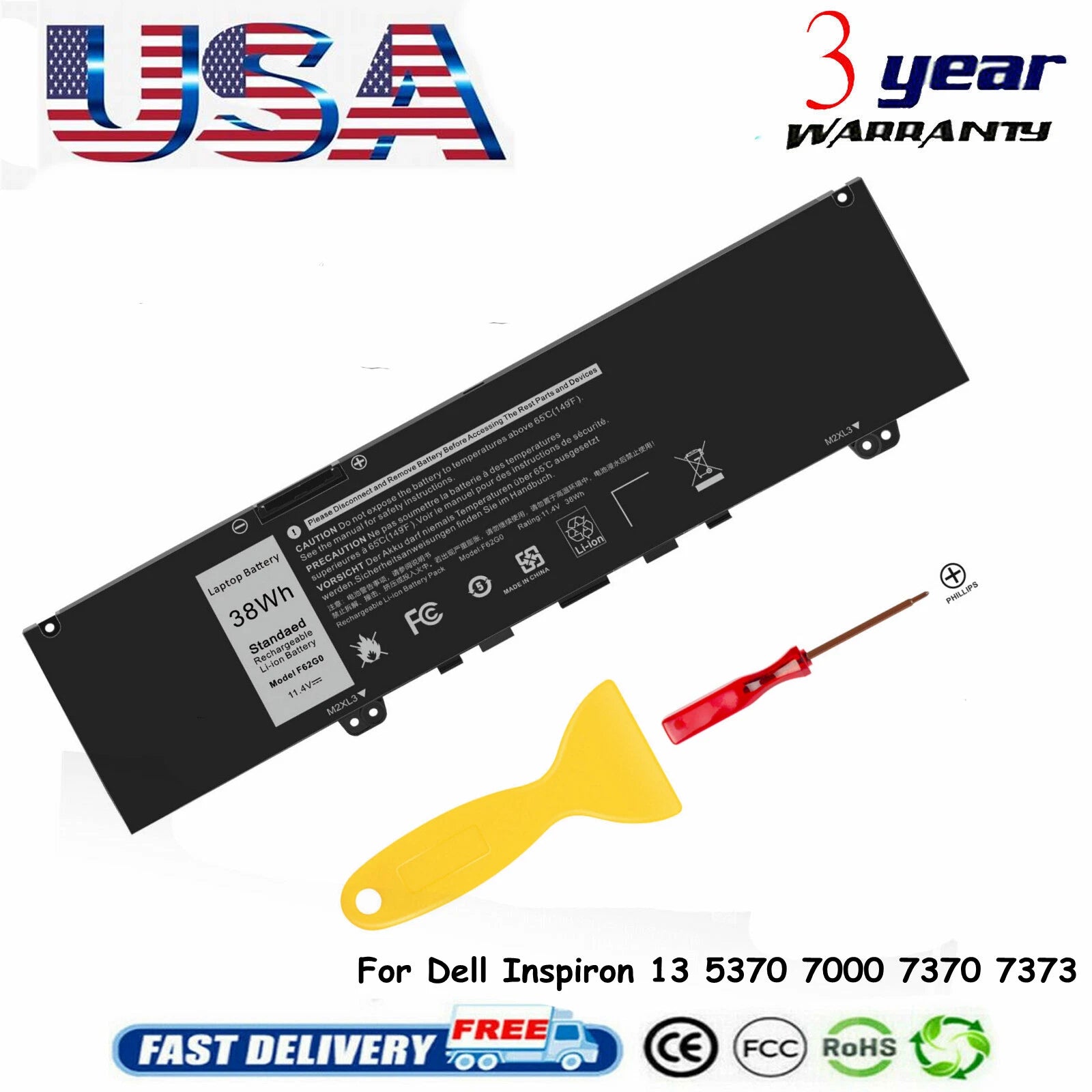 For Dell Inspiron Battery 13 7000 7370 7380 7386 5370 7373 2-IN-1 RPJC3 F62G0 CG