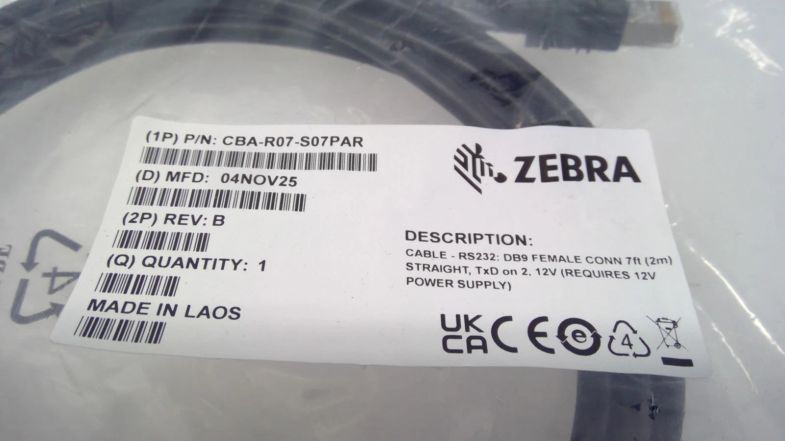 NEW Zebra CBA-R07-S07PAR RS232 DB9 Female 7ft 12V Straight Scanner Cable