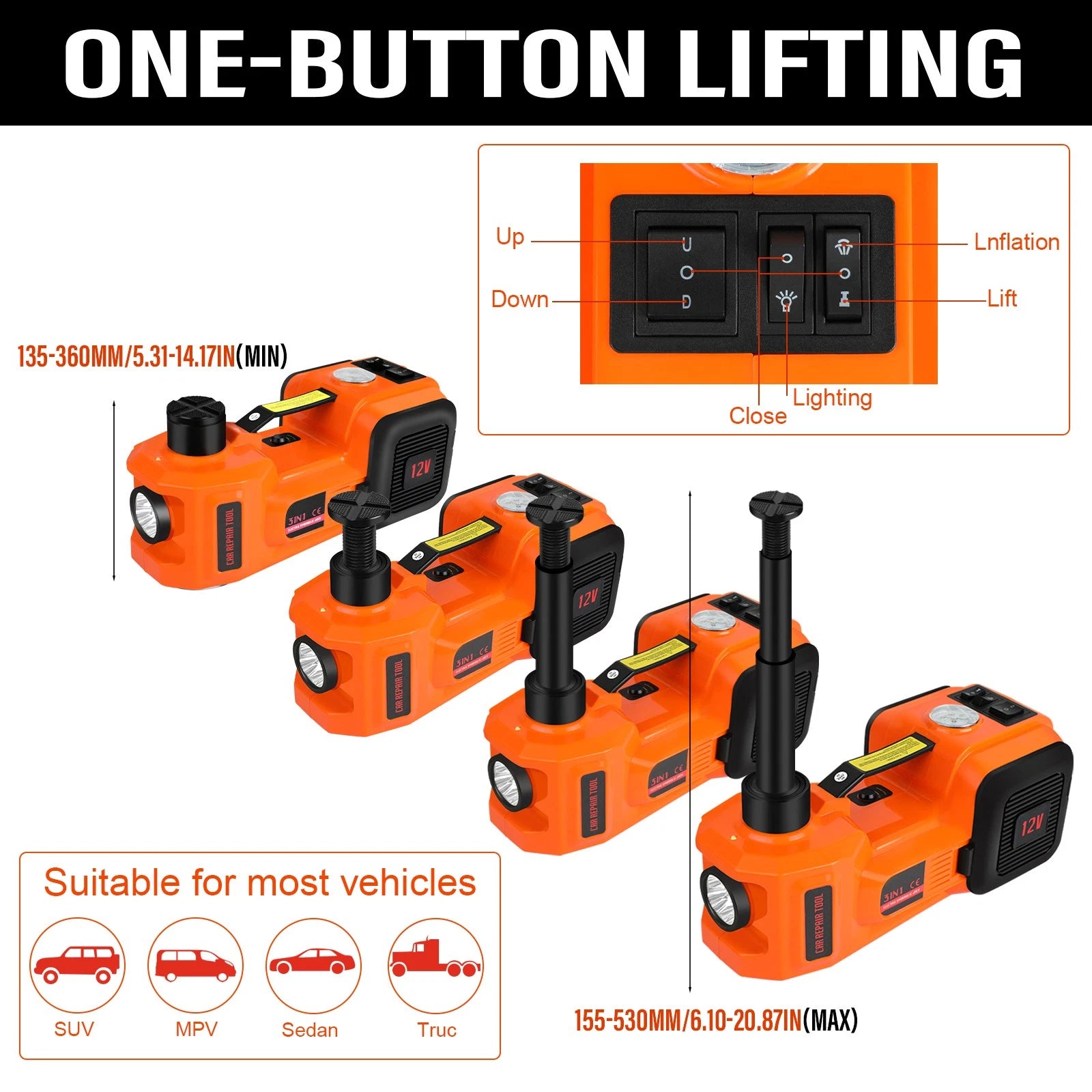 12V 3T/5T Electric Car Repair Hydraulic Jack Auto Lift W/ Hammer LED Flashlight