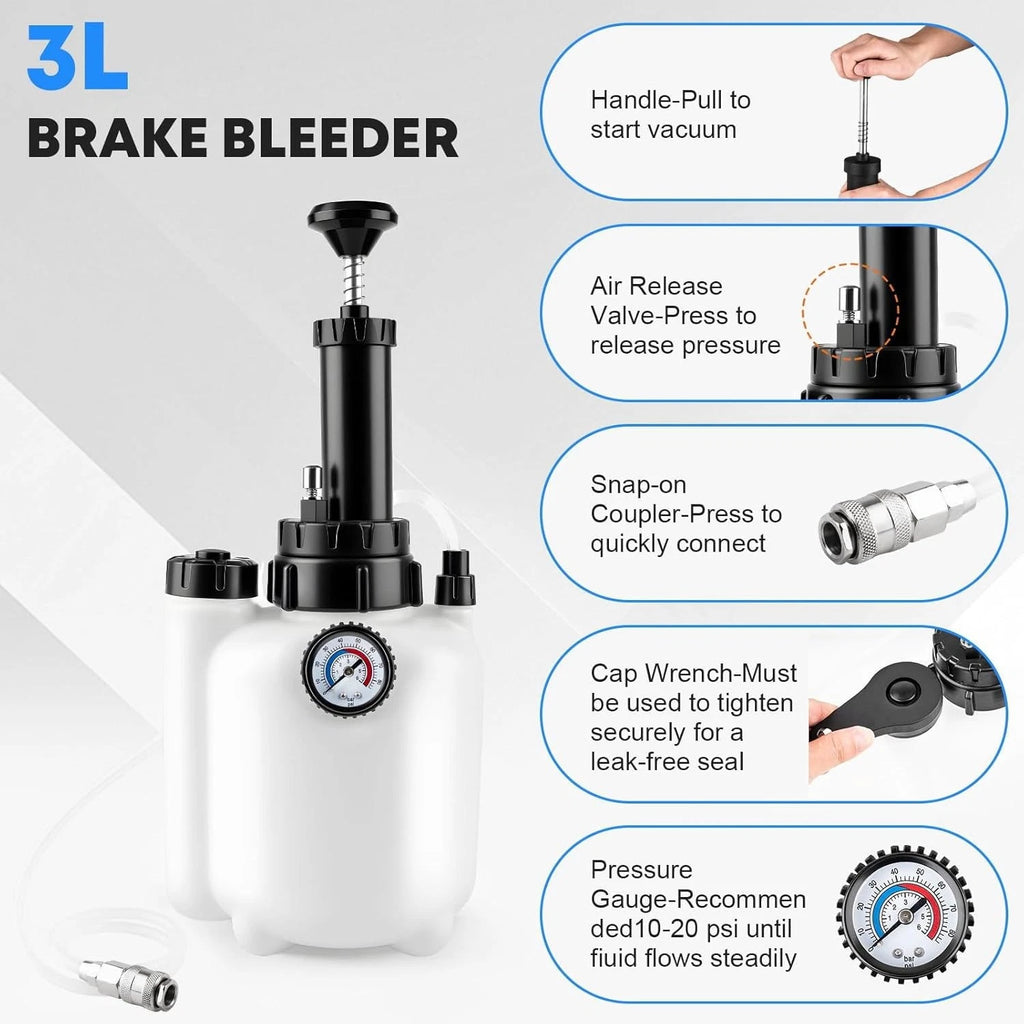 3L Brake Bleeder Kit Manual Fluid Pump with 4 Master Cylinder Adapters 1L Bottle