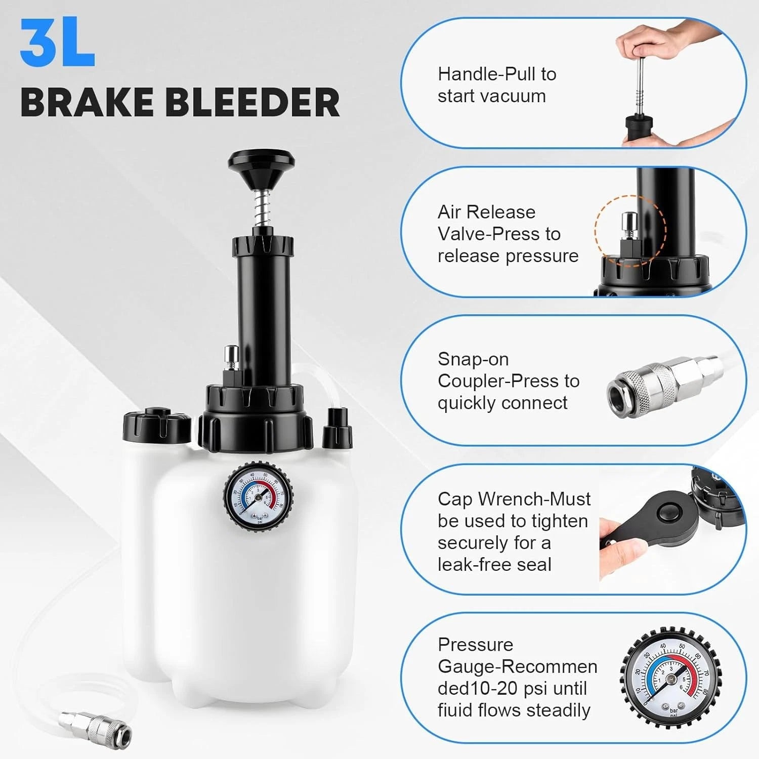 3L Brake Bleeder Kit Manual Fluid Pump with 4 Master Cylinder Adapters 1L Bottle