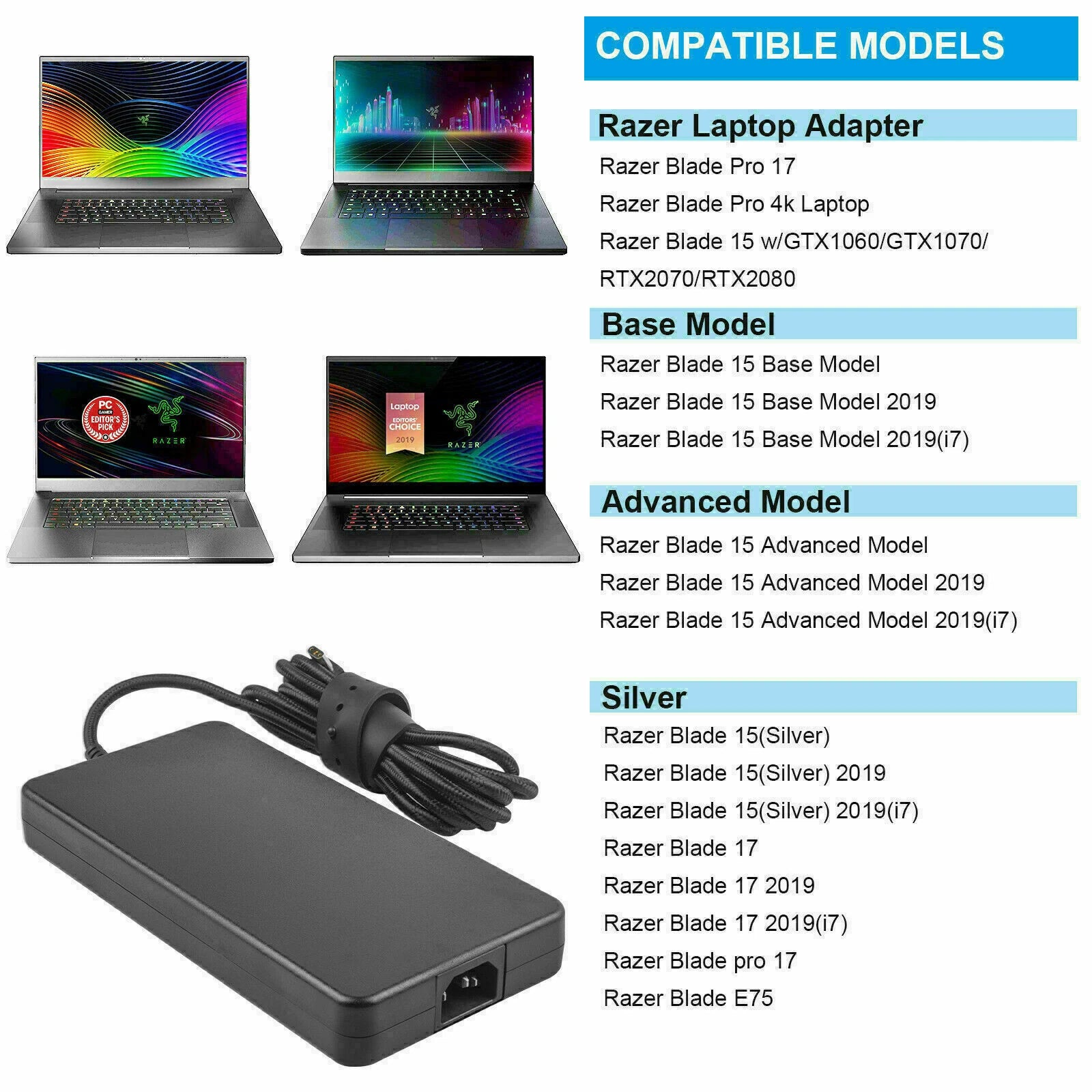 230W Power Adapter Charger for Razer Blade 15 Notebook Laptop Since 2014-2024