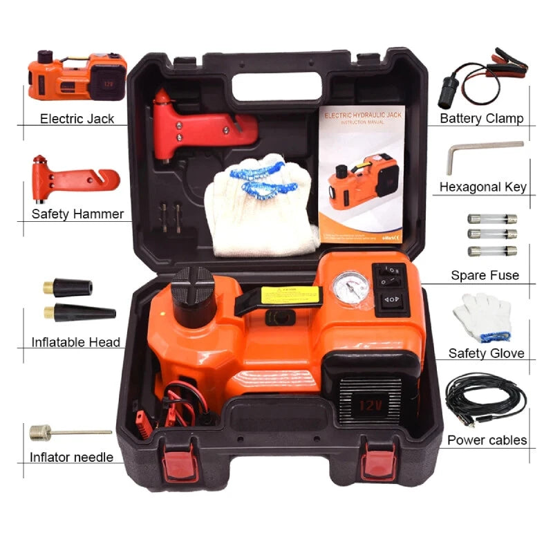 12V 5Ton Car Electric Hydraulic Floor Jack Tire Inflator Pump LED Flashlight US