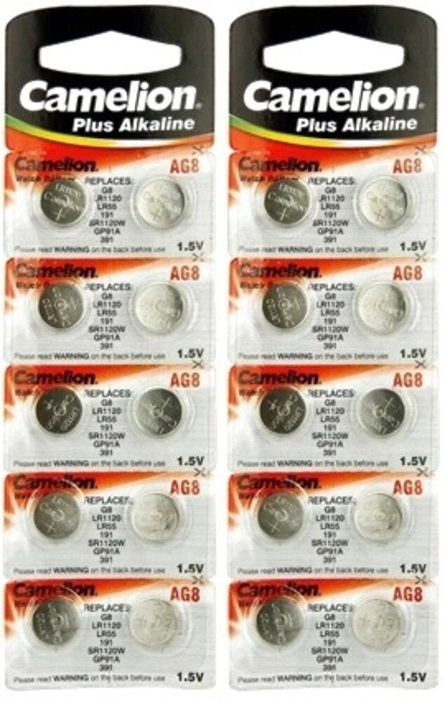 20 Pk Camelion AG8 LR1120 391 391A SR1120 LR55 Alkaline Button Cell Battery