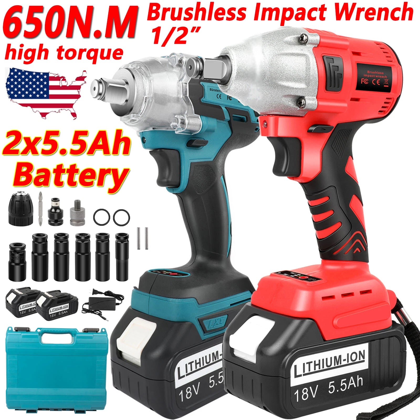 650Nm Impact Wrench 1/2'' Cordless Electric Gun High Torque Driver Battery Set