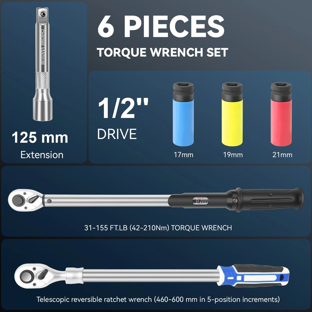 1/2" Drive Torque Wrench Torque Wrench w/ Extension+17 19 21mm Socket