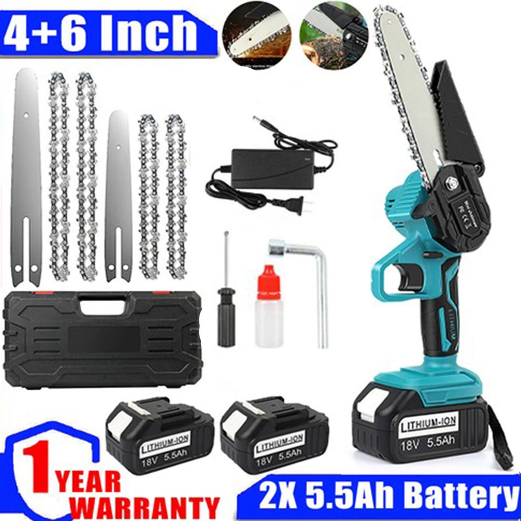 4+6 inch Electric Mini Chainsaw Cordless Handheld Chain Saw 2 Battery For Makita