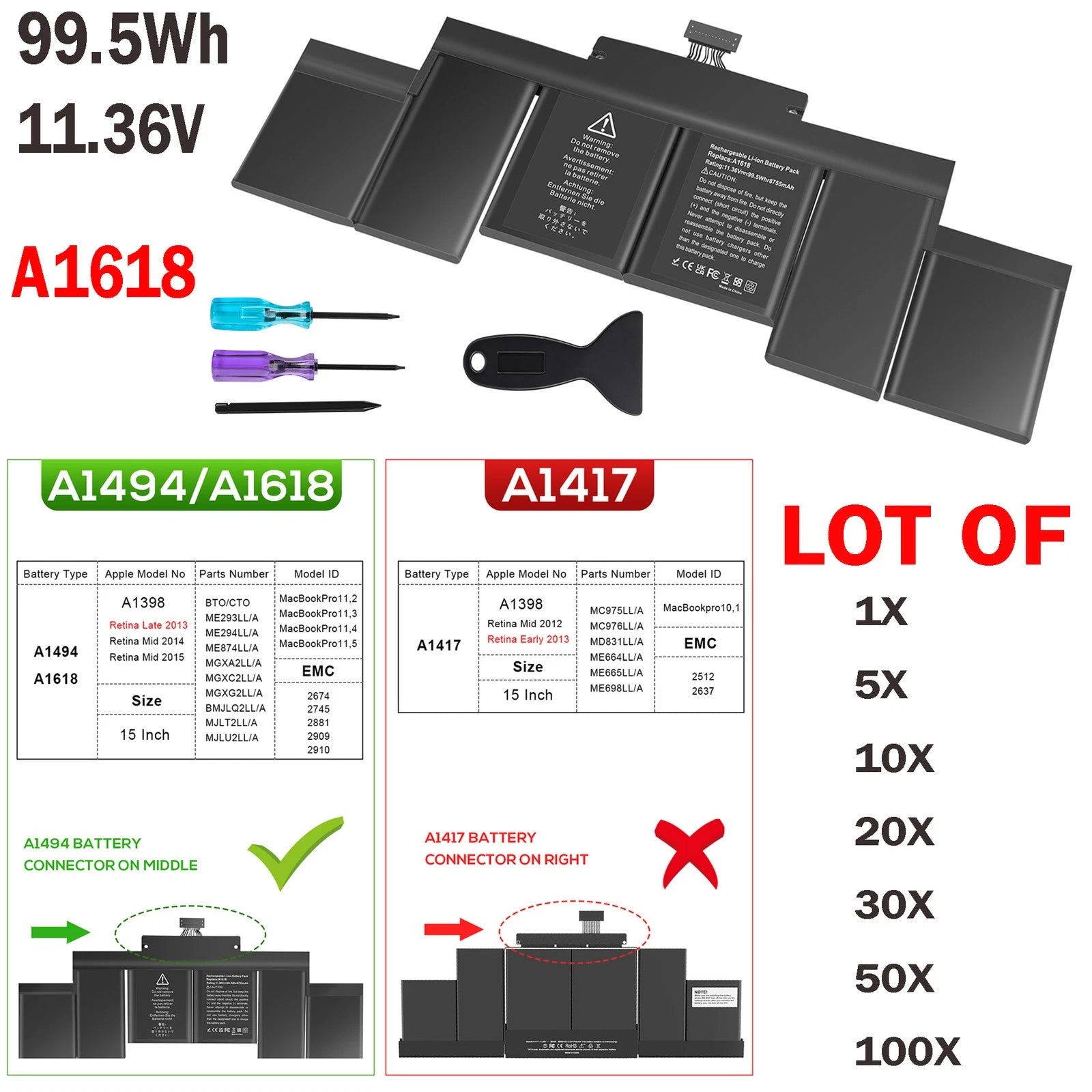 ??LOT A1618 A1494 Battery For Apple MacBook Pro 15" Retina A1398 Mid 2015 99.5Wh