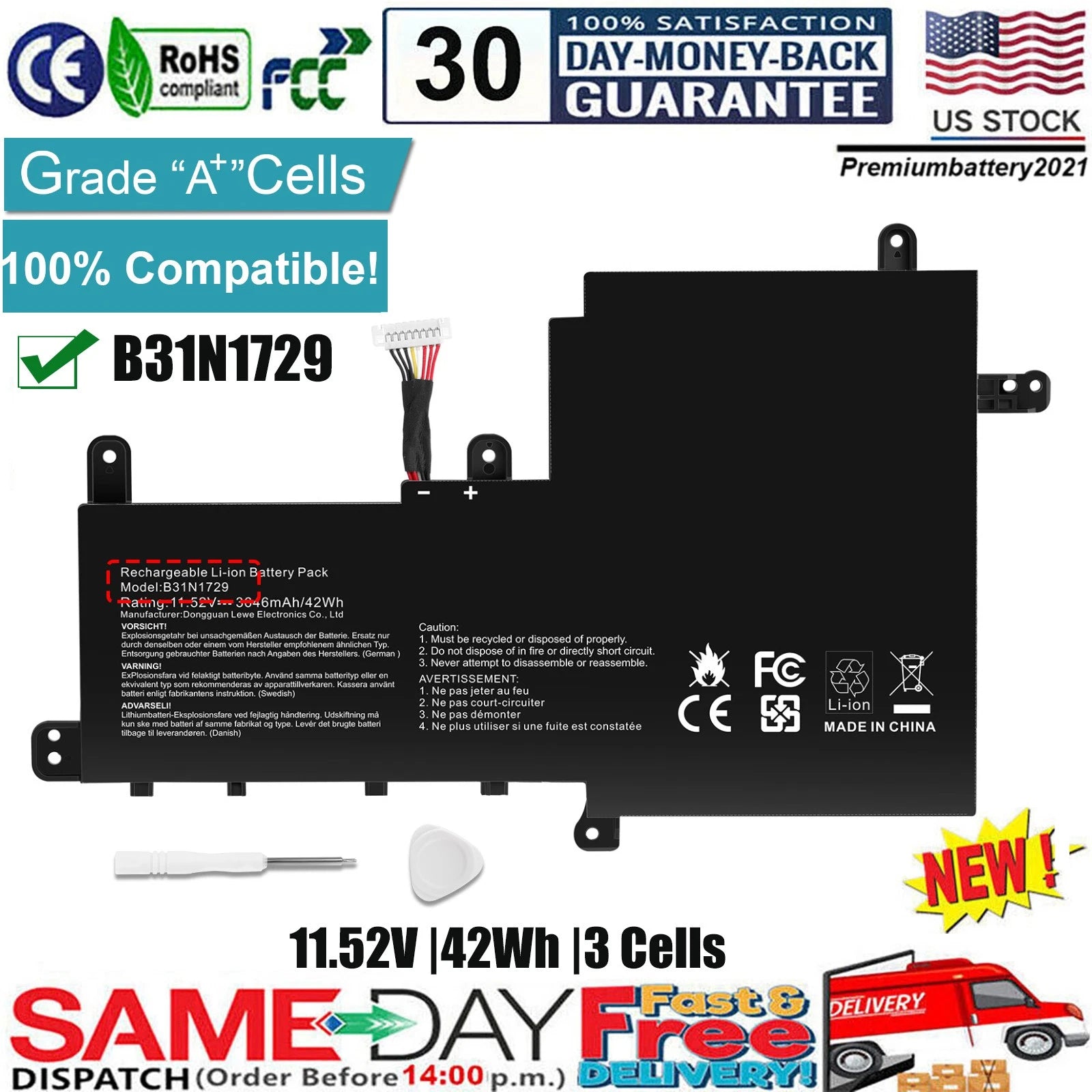 ?B31N1729 Battery for Asus VivoBook S15 S530 S530UA S530UF S530FA S530FN K530F