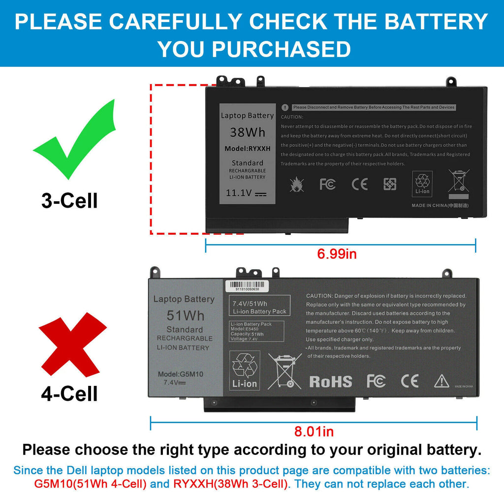 Battery RYXXH 0VY9ND R5MD0 For DELL Latitude 3150 3160 12" 5000 E5250 E5450 14"