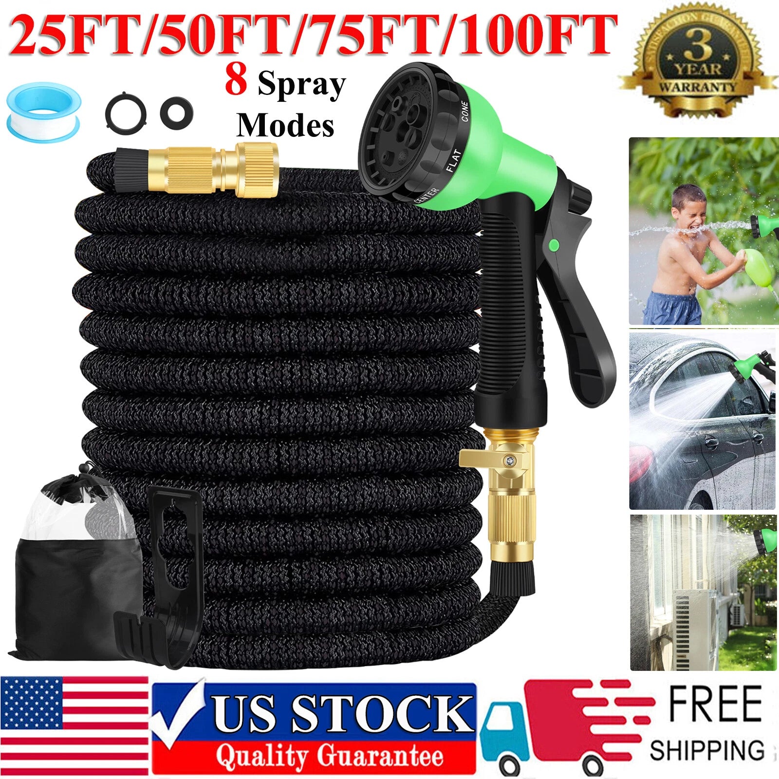 Expandable Flexible Garden Water Hose with 10/8 Function Spray Nozzle 25FT-150FT