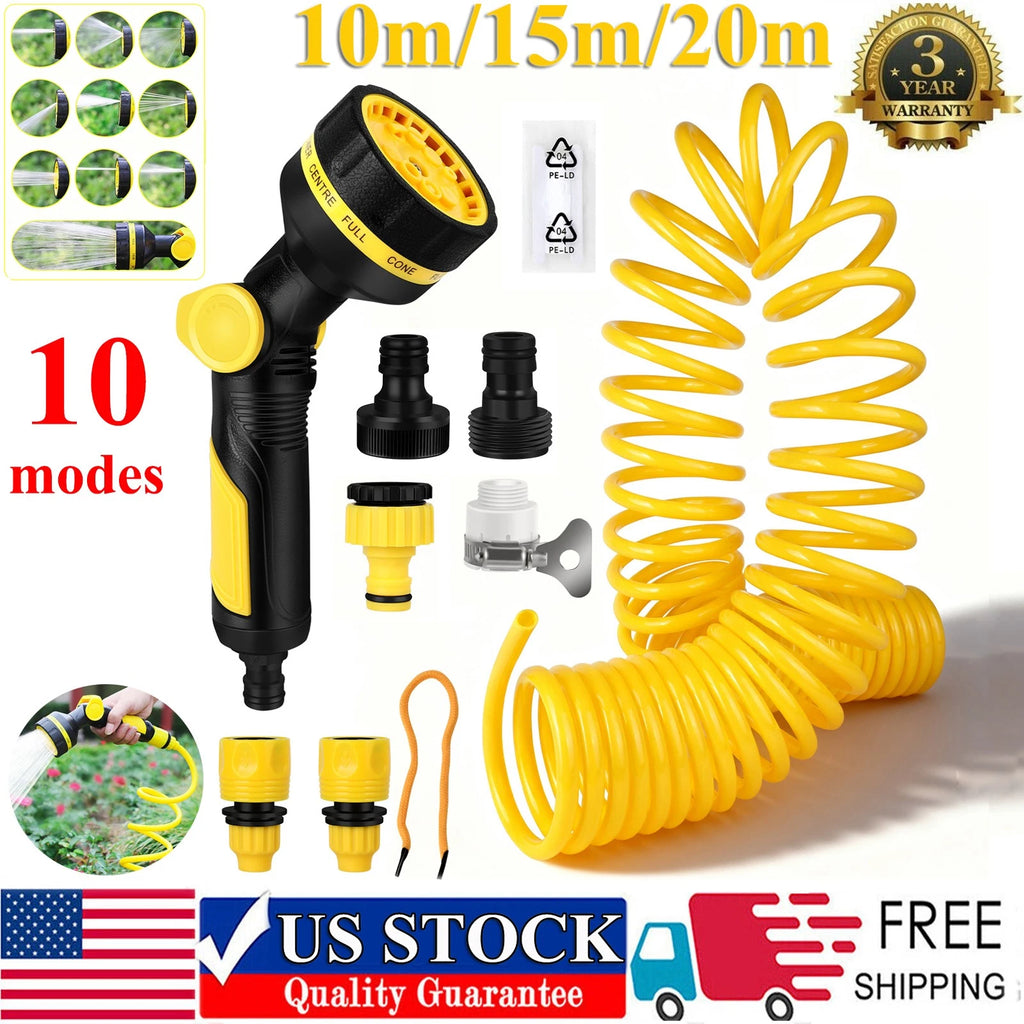 Recoil Garden Water Hose,EVA Curly Water Hose w/10 Modes Spray Nozzle, Hose Coil