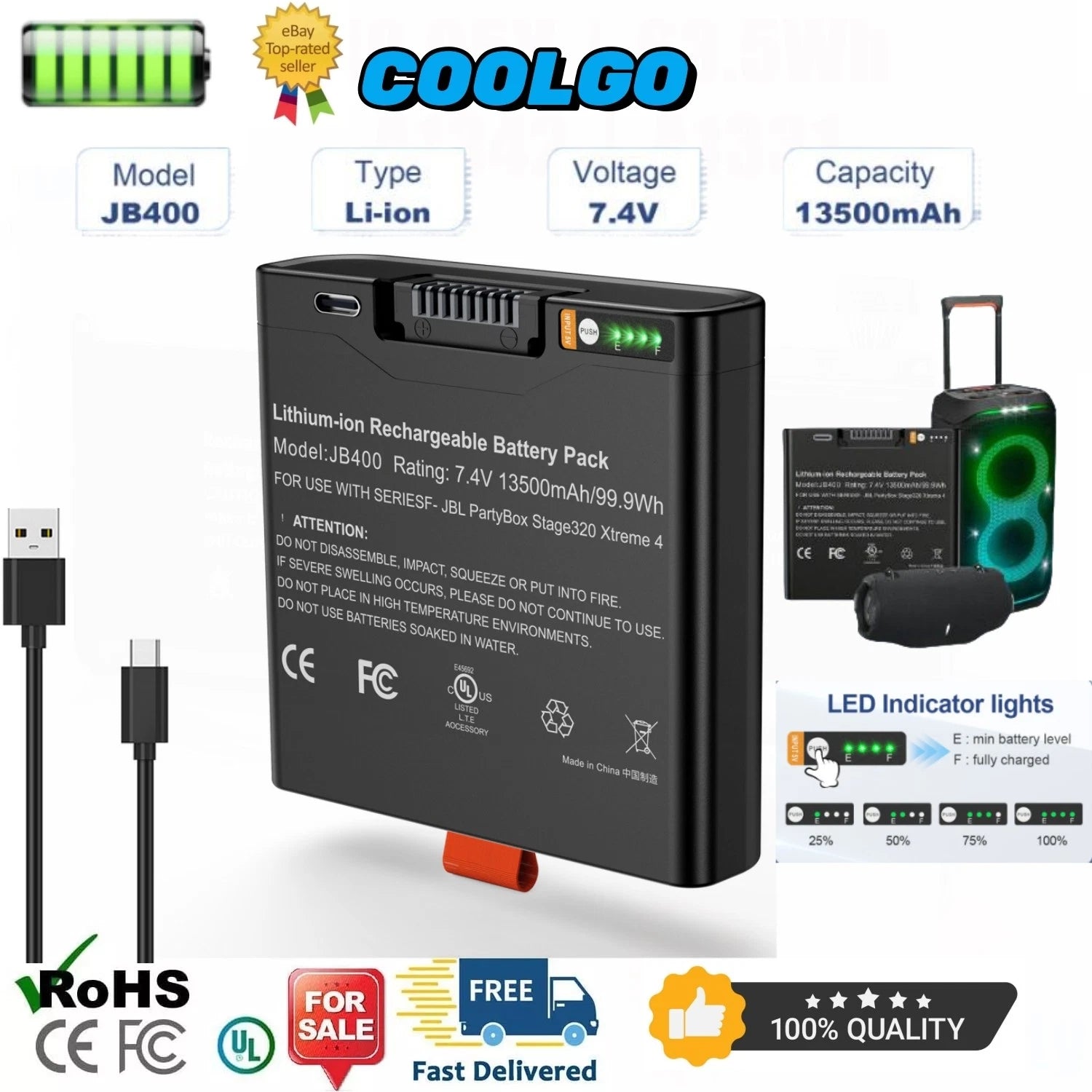 Replace Battery for JBL Xtreme 4 PartyBox Stage 320 Audio Speaker Type-C Charge