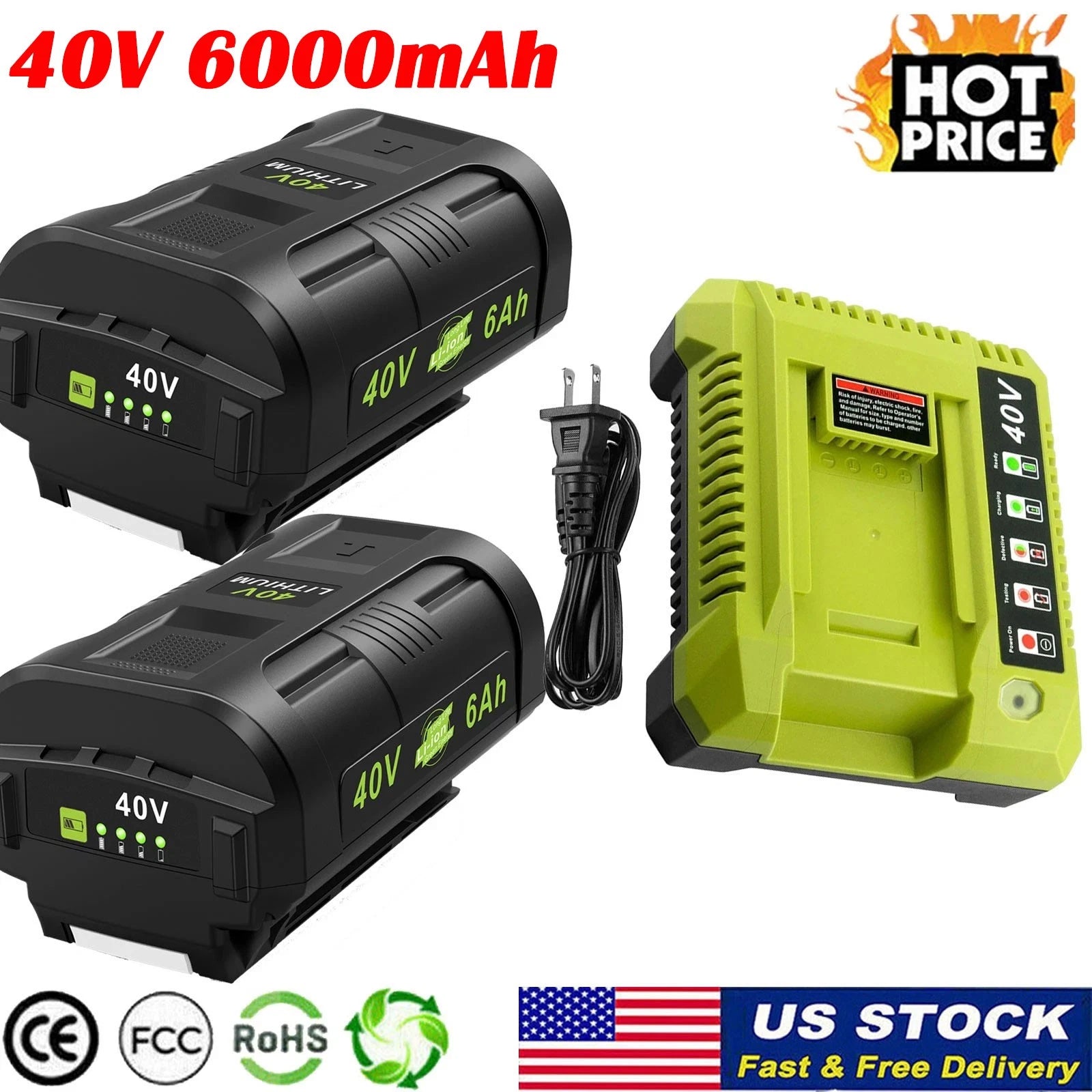 1-2X Battery for Ryobi 40V OP40602 Lithium Battery Charger 40 Volt OP406VNM LED