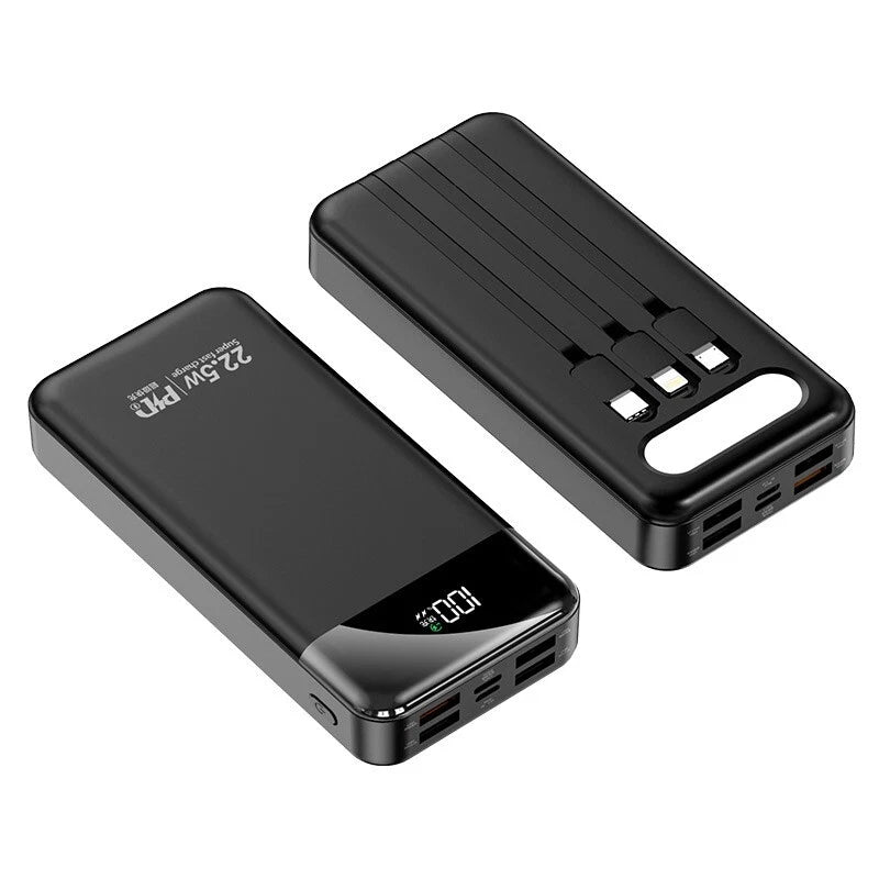 Portable Power Bank 20000mAh Fast Charging Battery with 3 Built in Cable BLK/WHT