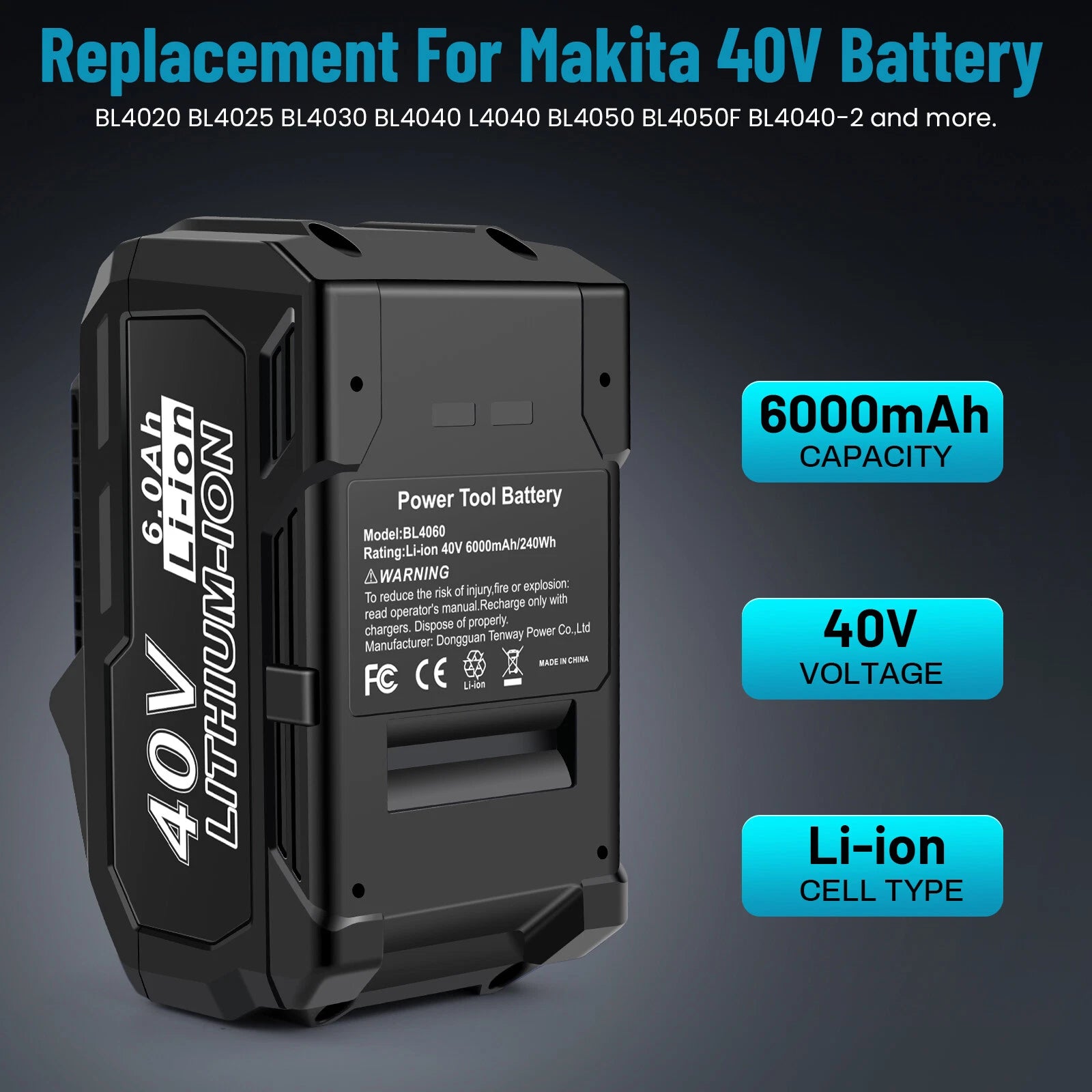 40 Volt 6.0Ah Battery For Makita 40V XGT Battery BL4025 BL4040 BL4050 With LED