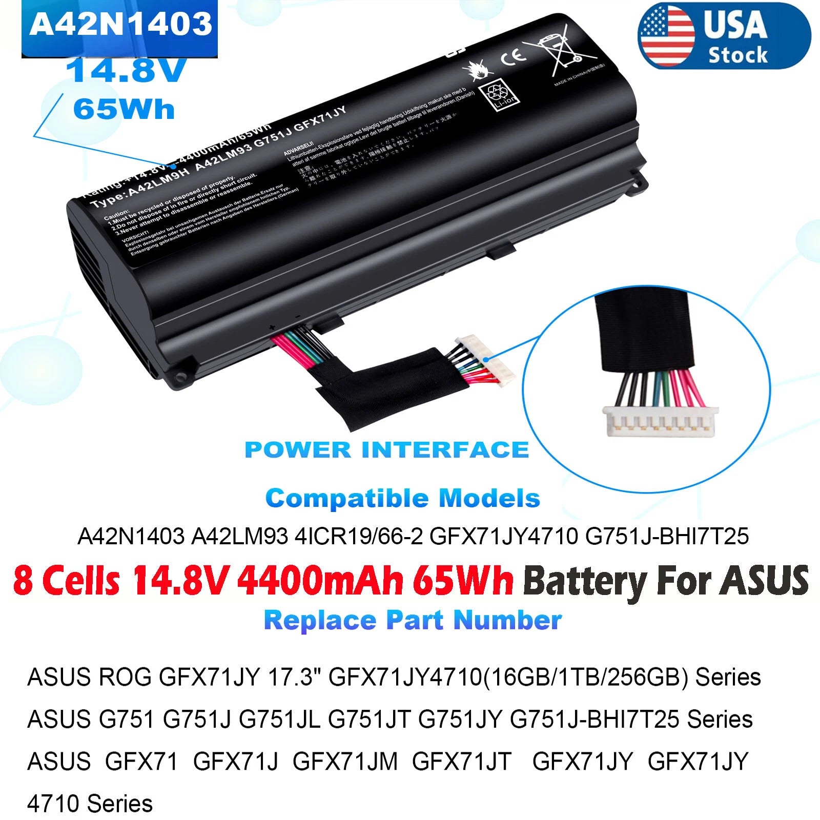 A42N1403 A42LM93 Battery For Asus ROG G751 G751J G751JL G751JT G751JY 65Wh 8Cell