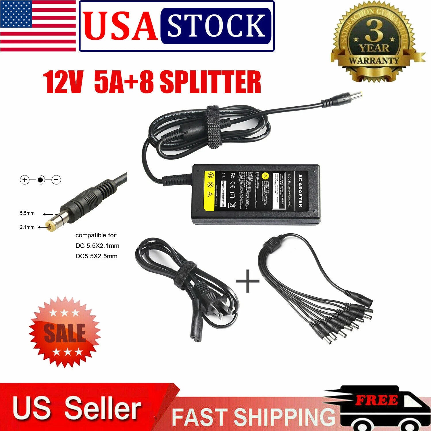 60W AC Adapter Charger Power Supply for Security Camera CCTV DVR + 8 Splitter US