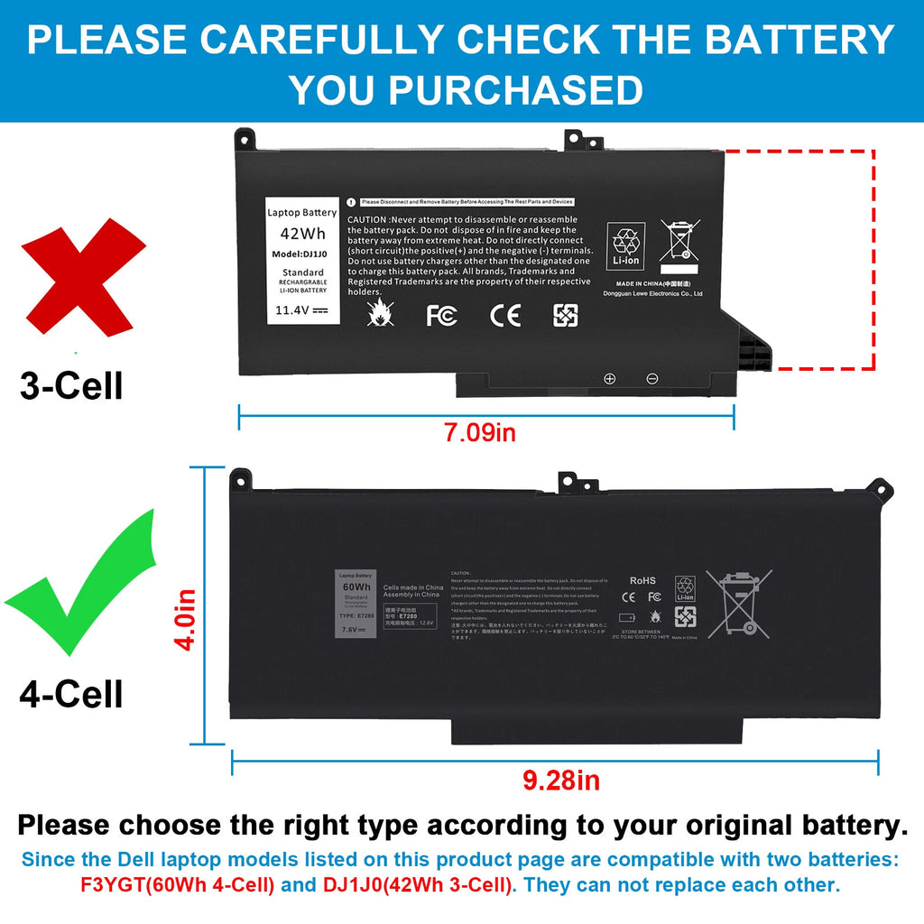 E7280 Battery For Dell Latitude 12 13 14 E7480 7380 7390 7480 7490 DM3WC F3YGT