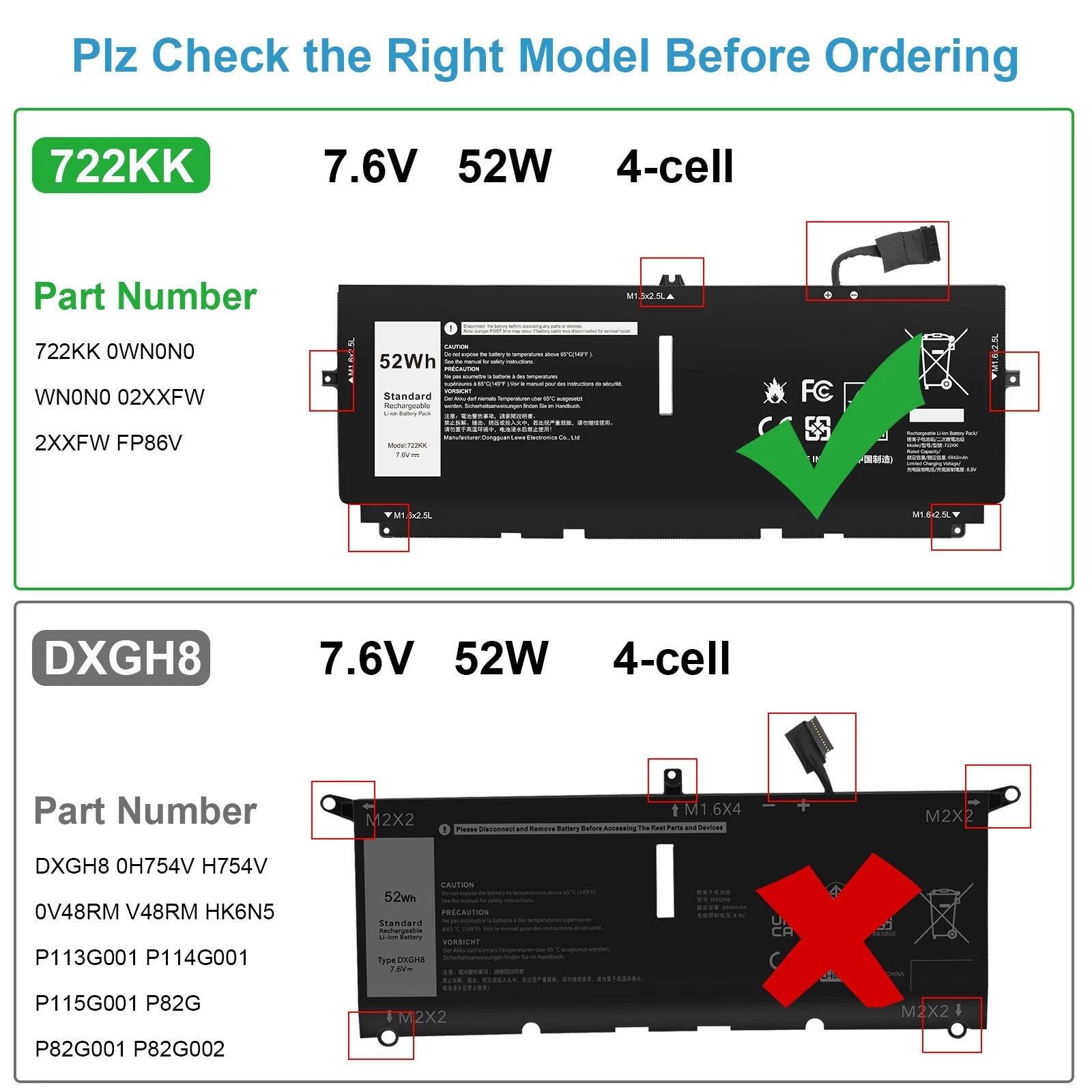 Battery 722KK For Dell XPS 13 9300 9310 9380 2XXFW FP86V 0FP86V 02XXFW 7.6V 52Wh