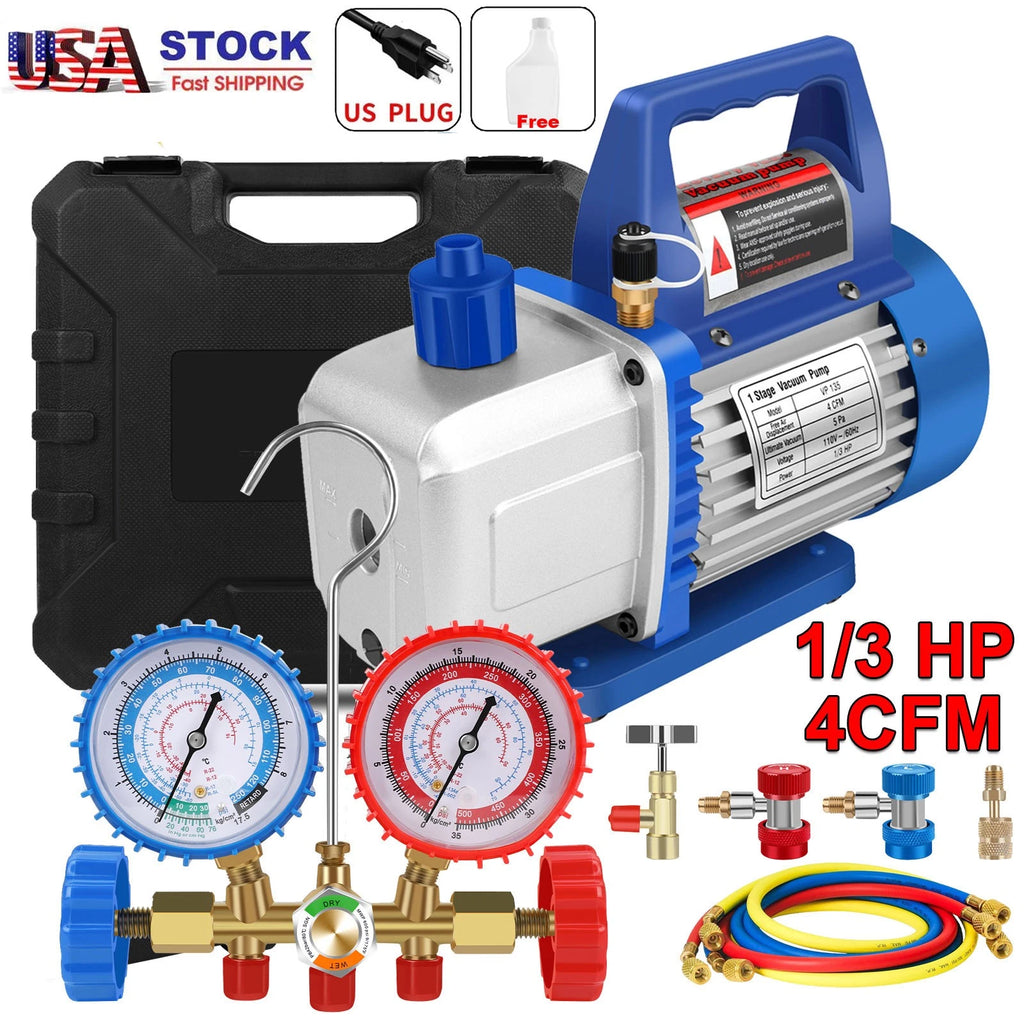 4CFM AC Vacuum Pump Kit w/ HVAC Manifold Gauge Set Leak Detector for R134a R410a