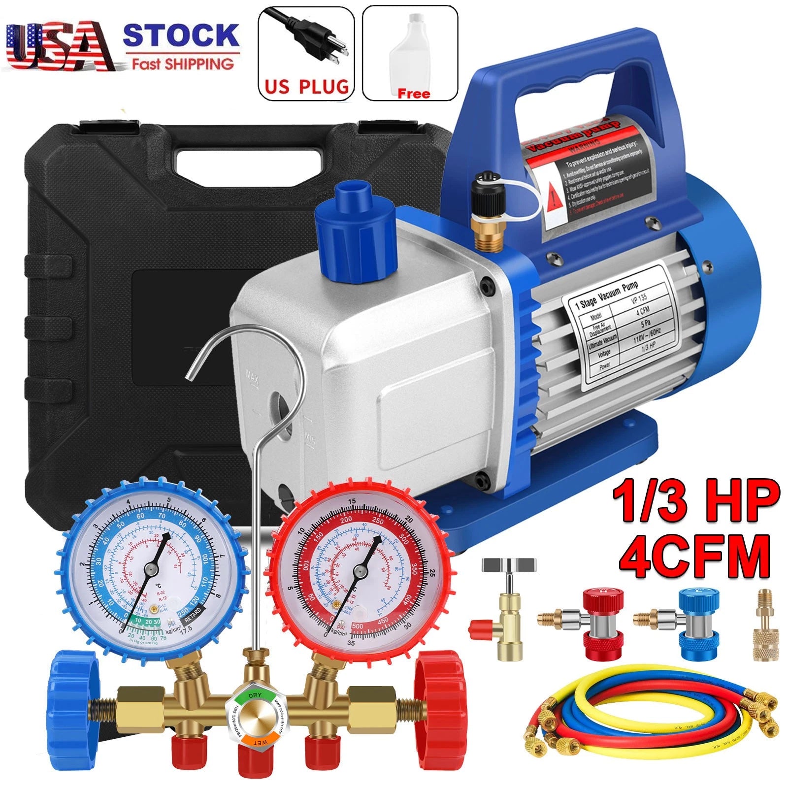 4CFM AC Vacuum Pump Kit w/ HVAC Manifold Gauge Set Leak Detector for R134a R410a
